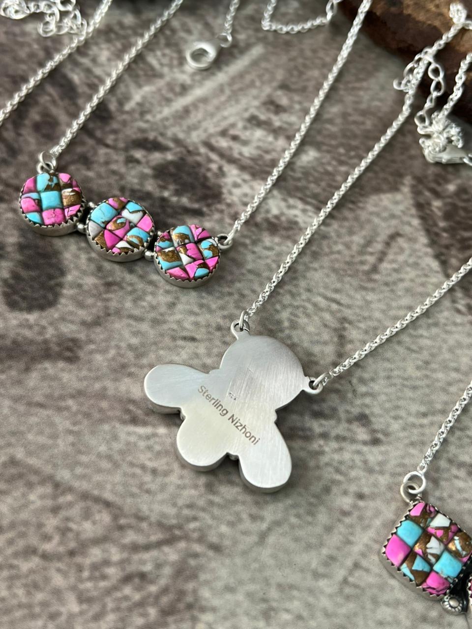 Handmade Sterling Silver Cotton Candy Cobble Stone Necklace "Signed Nizhoni"