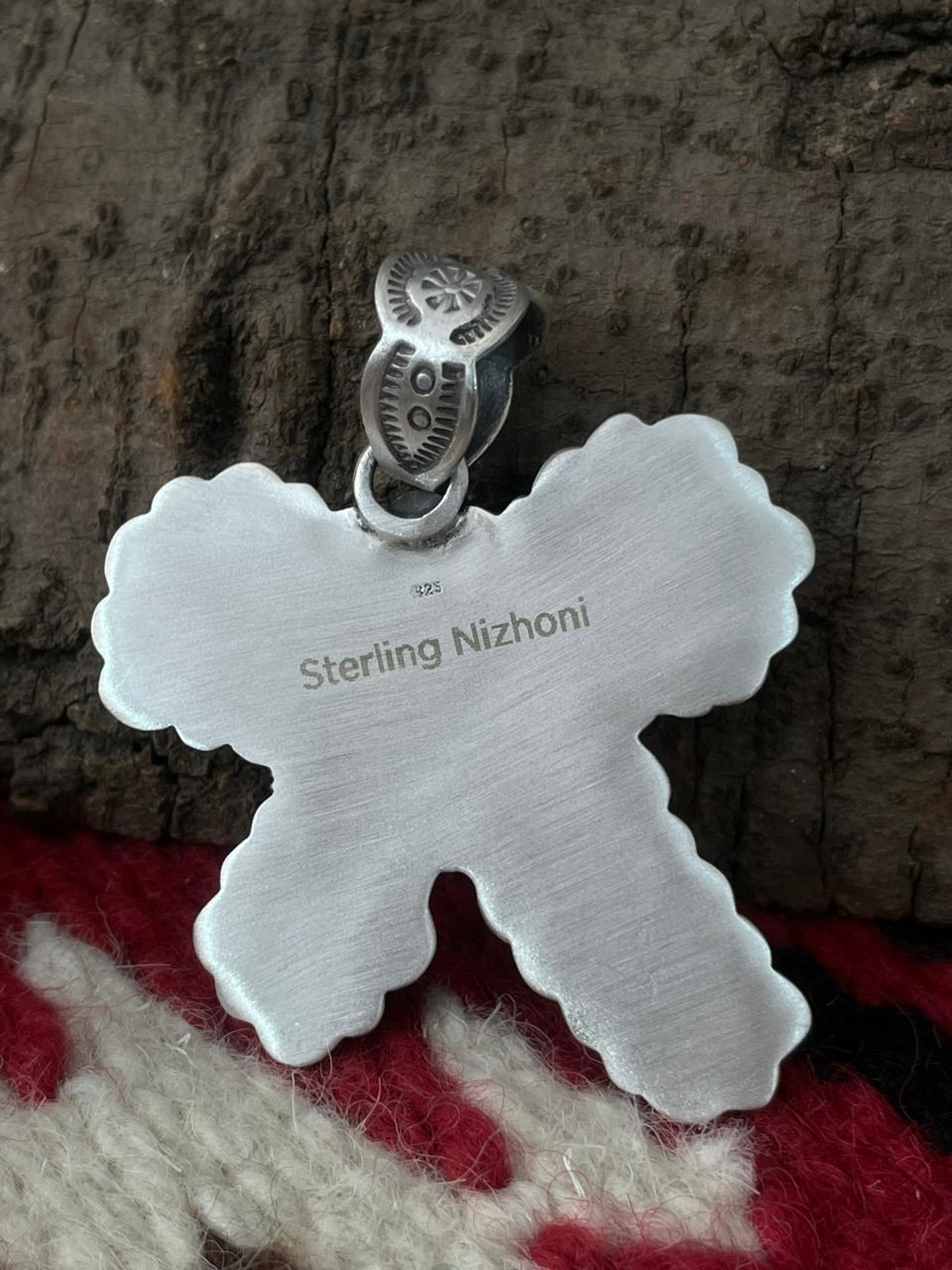 Handmade Sterling Silver Dahlia Rose with Emerald Valley Turquoise Pendant "Signed Nizhoni"