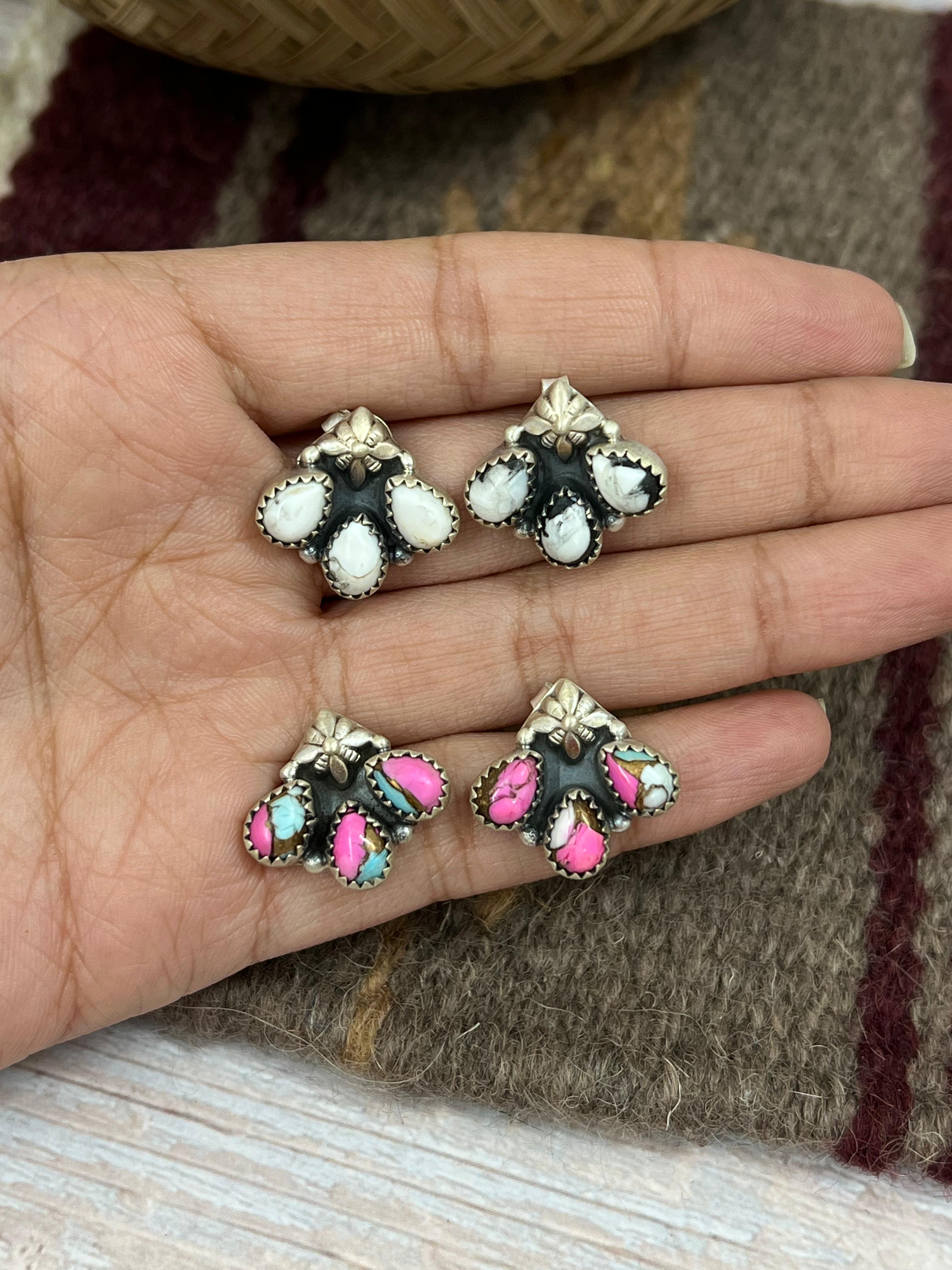 Handmade Sterling Silver Cotton Candy, Wild Horse Post Earrings with Signed Nizhoni