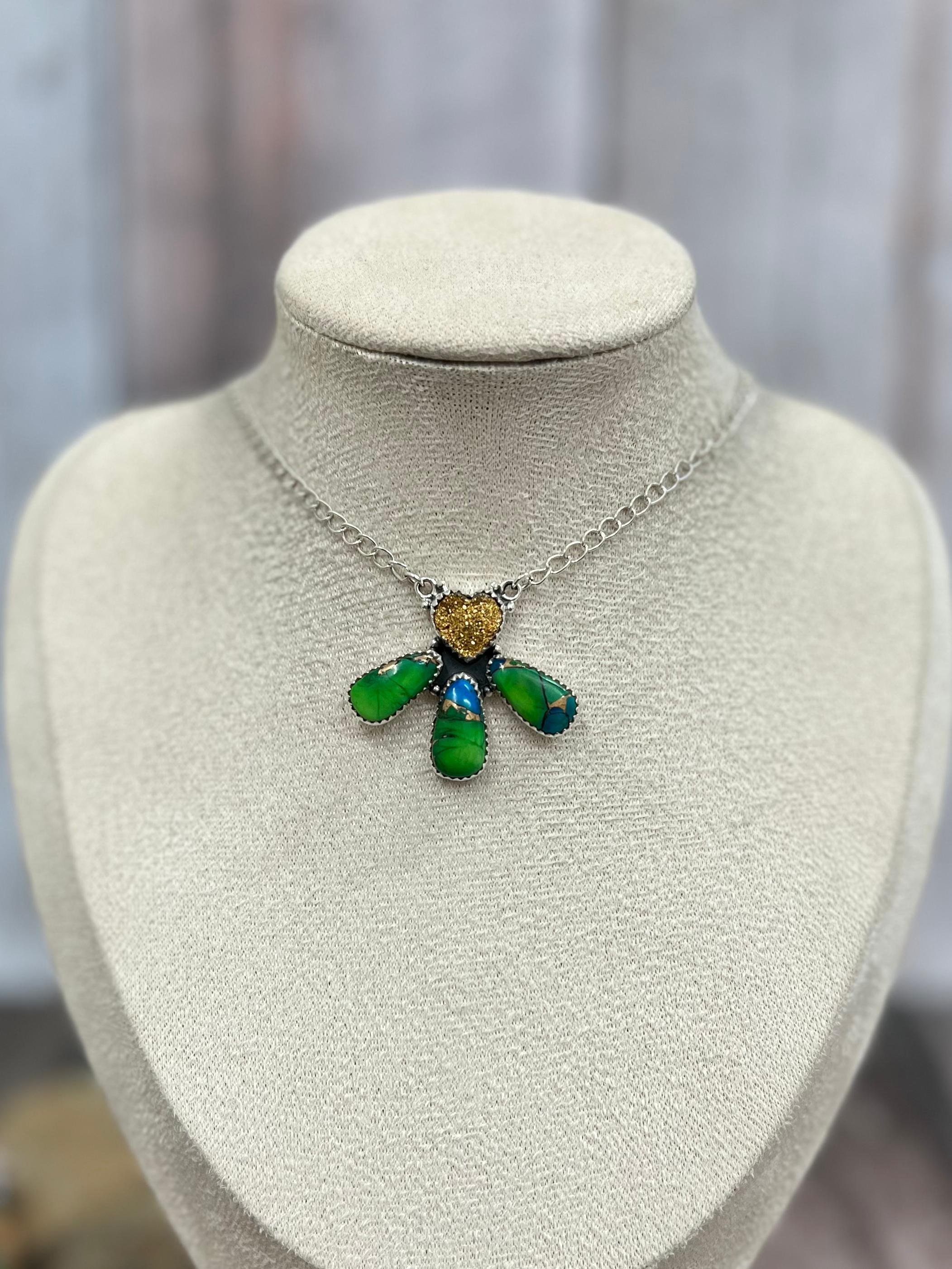 Handmade Sterling Silver Peacock Dahlia with Druzy Necklace with Signed Nizhoni