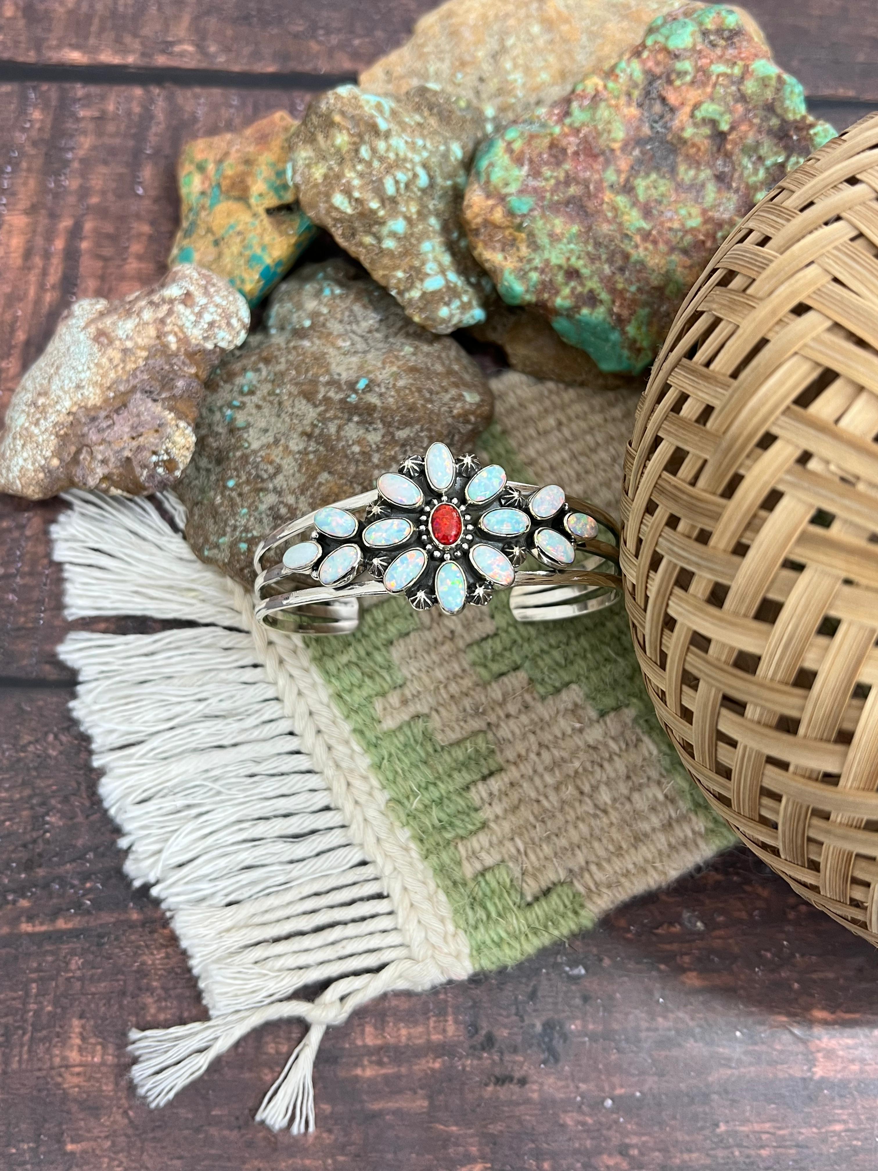 ** 4TH OF JULY ** Handmade Sterling Silver Synthetic Opal Cuff Bracelet with Signed Nizhoni