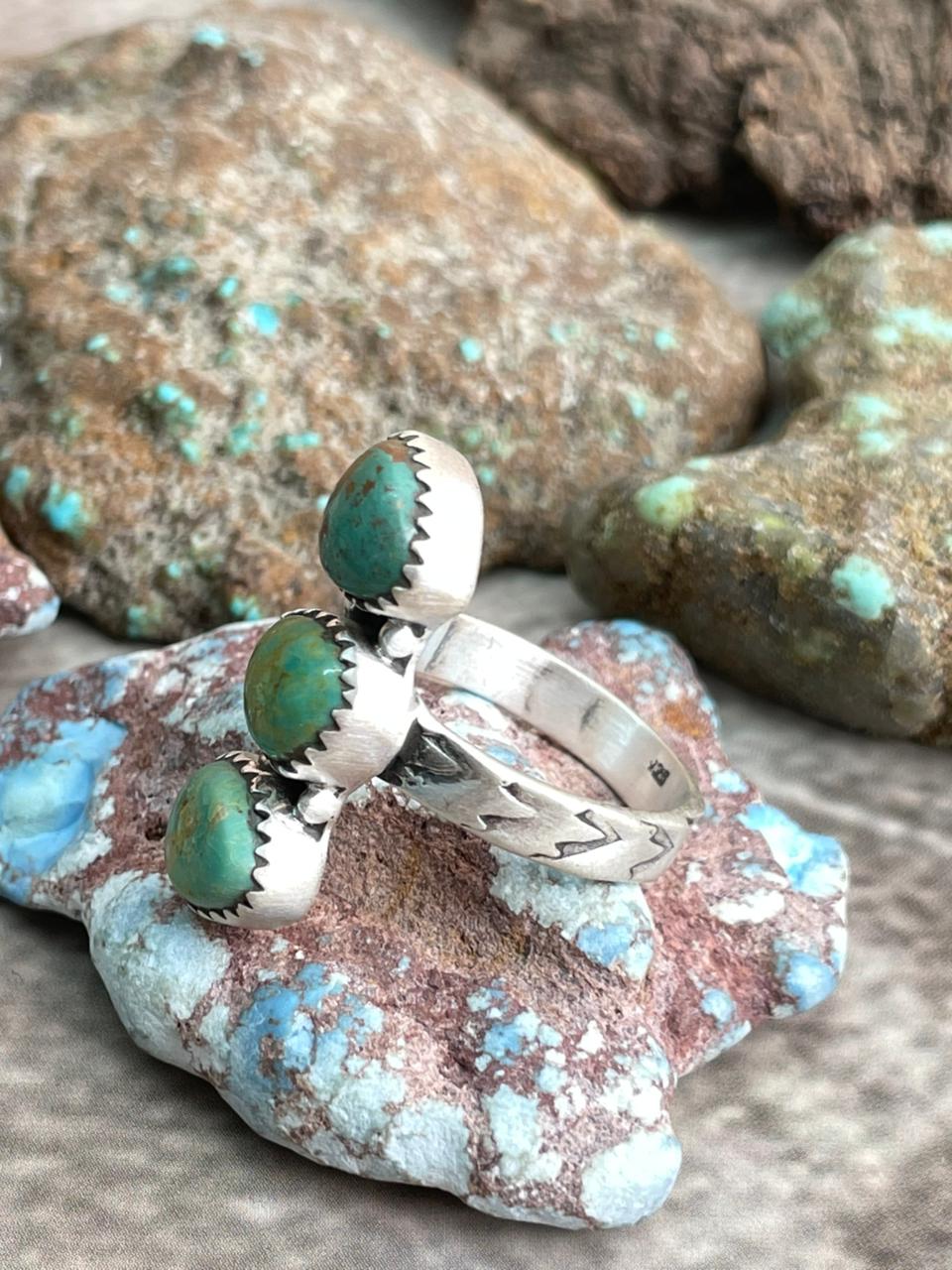 Handmade Sterling Silver Kingman Turquoise Adjustable Ring with Signed Nizhoni