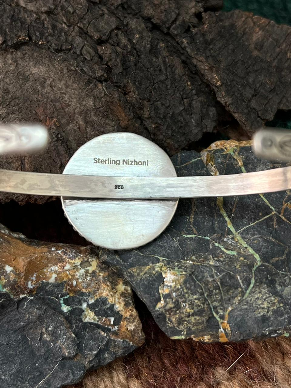 Handmade Sterling Silver Blackjack Turquoise Cuff Bracelet "Signed Nizhoni"