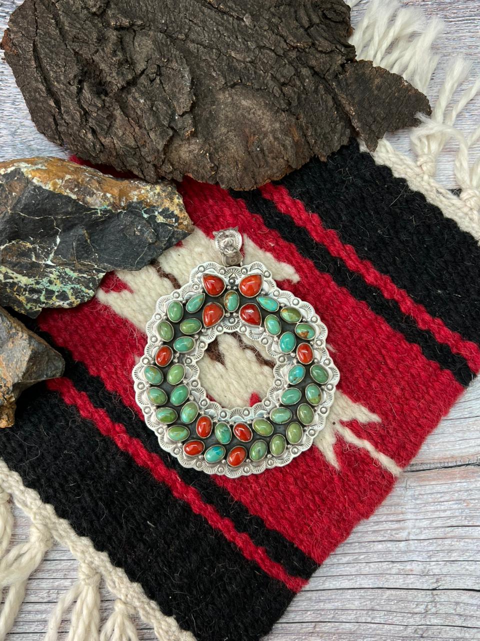 "Christmas Collection" Handmade Sterling Silver Kingman with Coral Pendant "Signed Nizhoni"