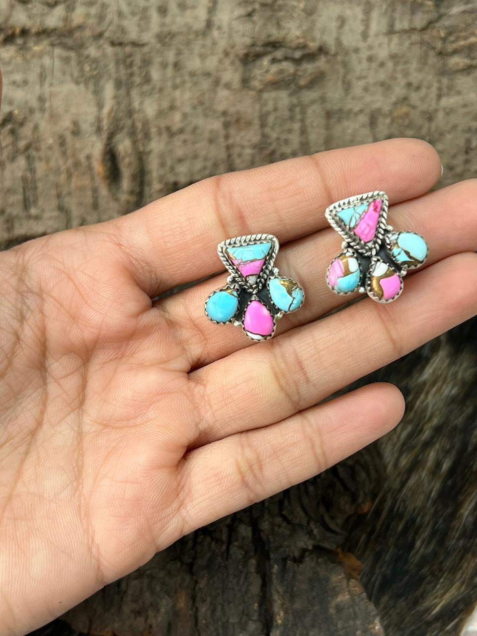 Handmade Sterling Silver Cotton Candy Post Studs Earrings "Signed Nizhoni"