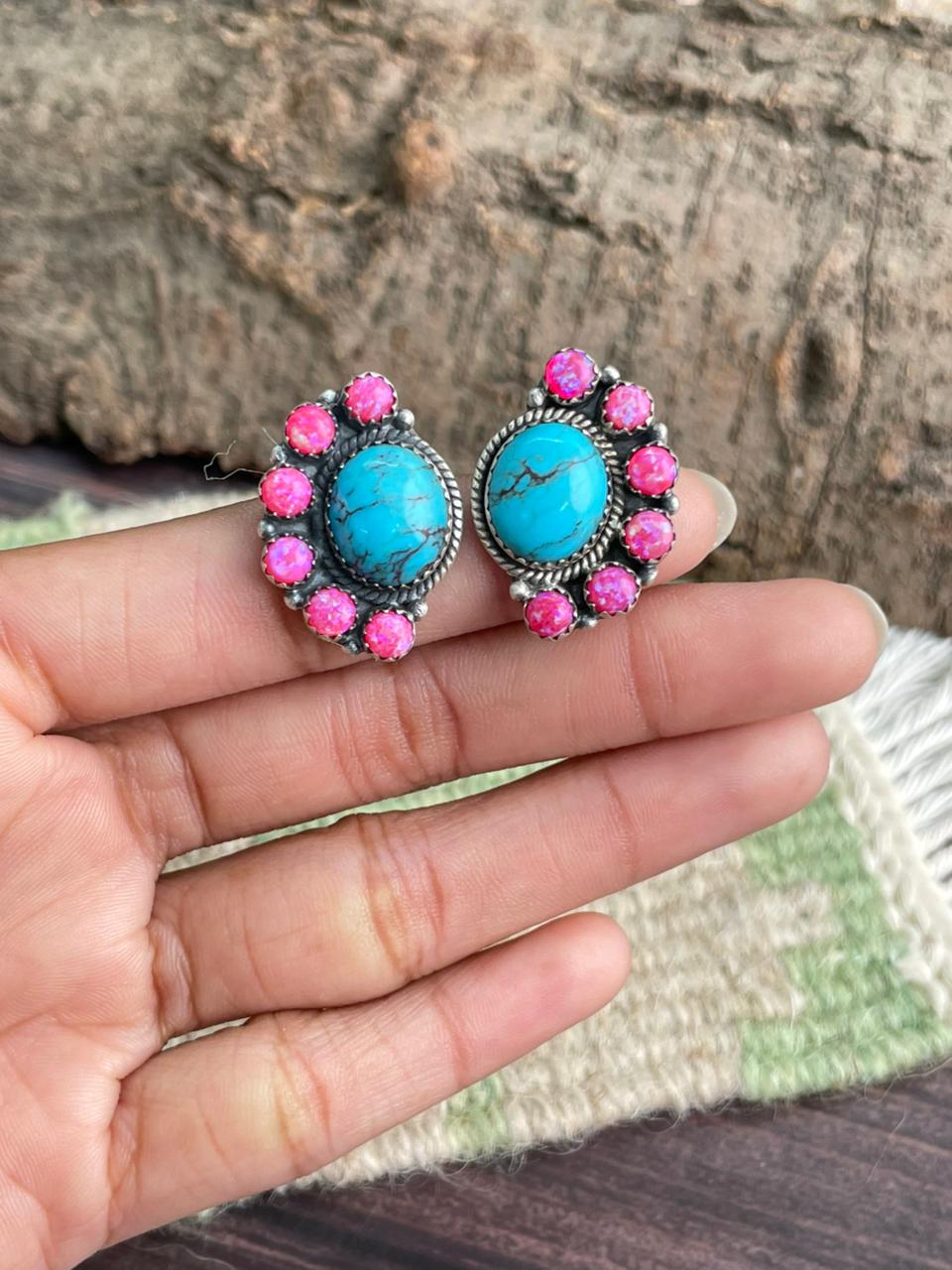 Handmade Sterling Silver Arizona Blue Turquoise with Hot Pink Post Studs Earrings "Signed Nizhoni"