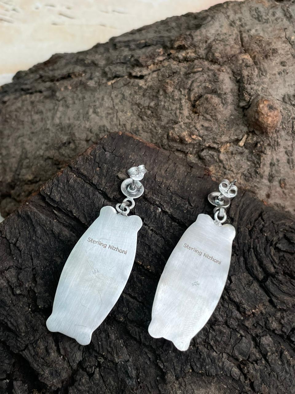 Handmade Sterling Silver Kingman Turquoise Post Dangle Earrings "Signed Nizhoni"