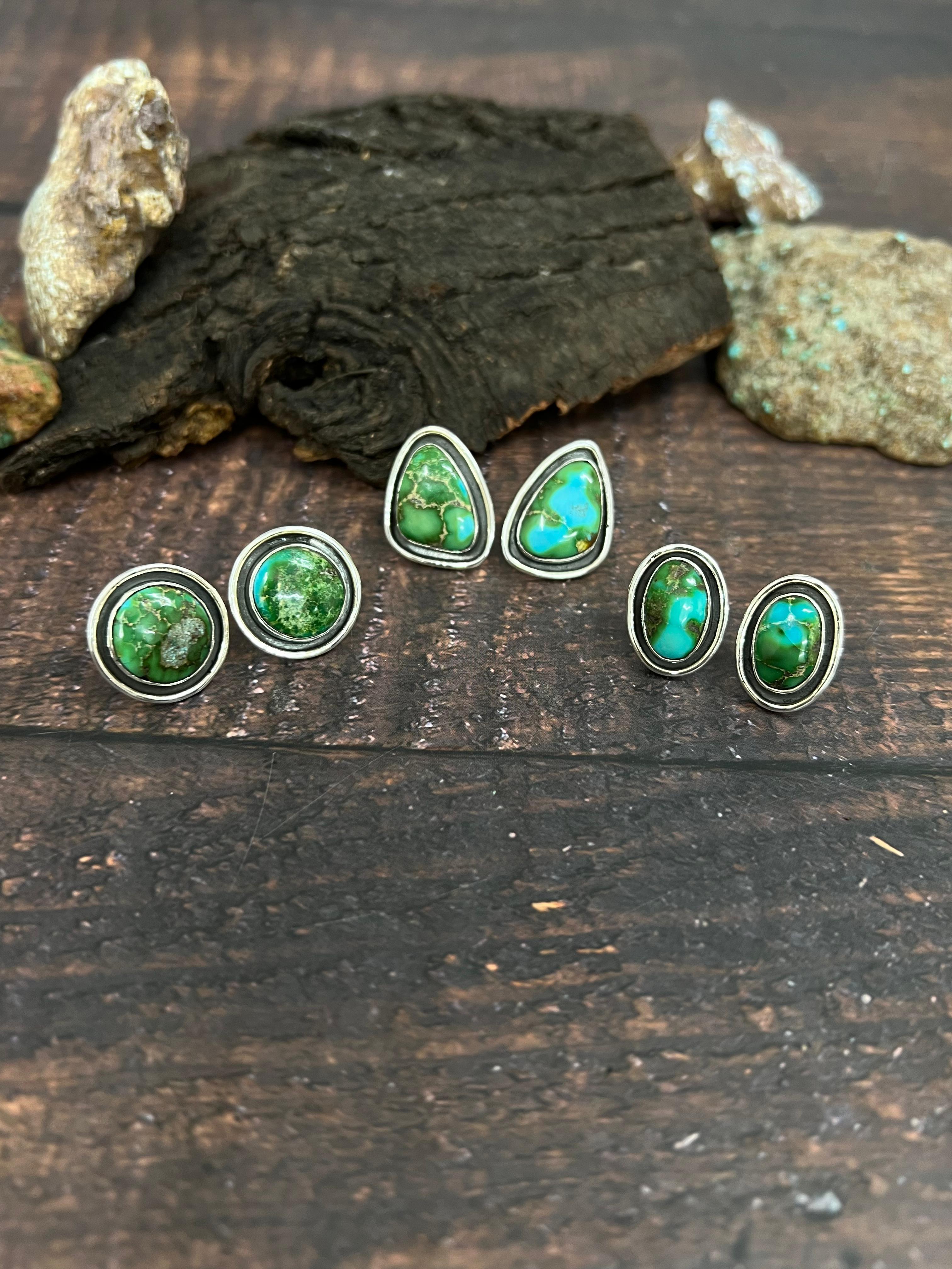 Handmade Sterling Silver Sonoran Mountain Turquoise Stud Post Studs with Signed Nizhoni