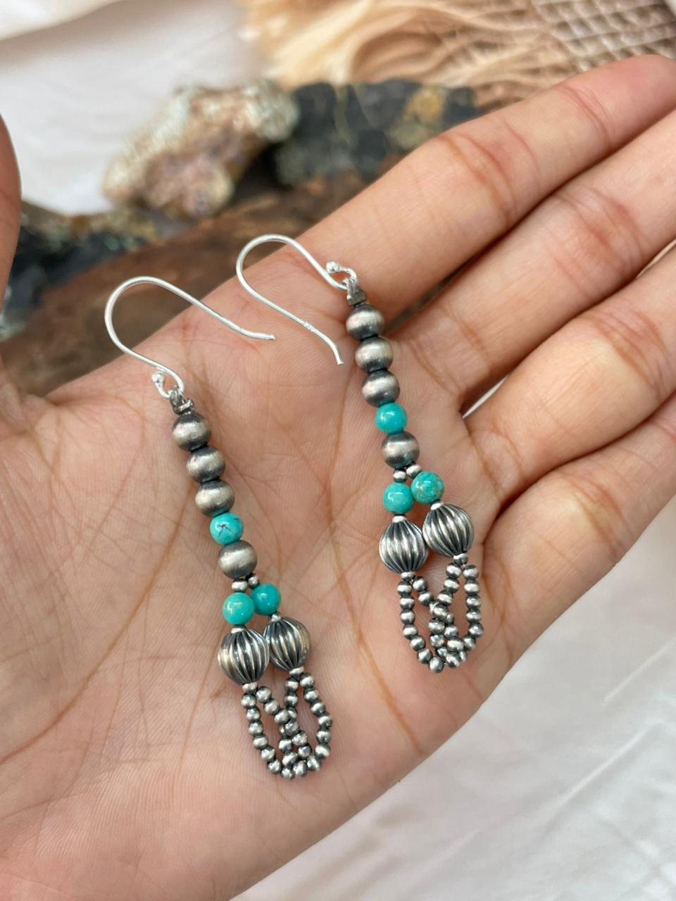 Handmade Sterling Silver Kingman Turquoise Beaded Hook Dangle Earrings