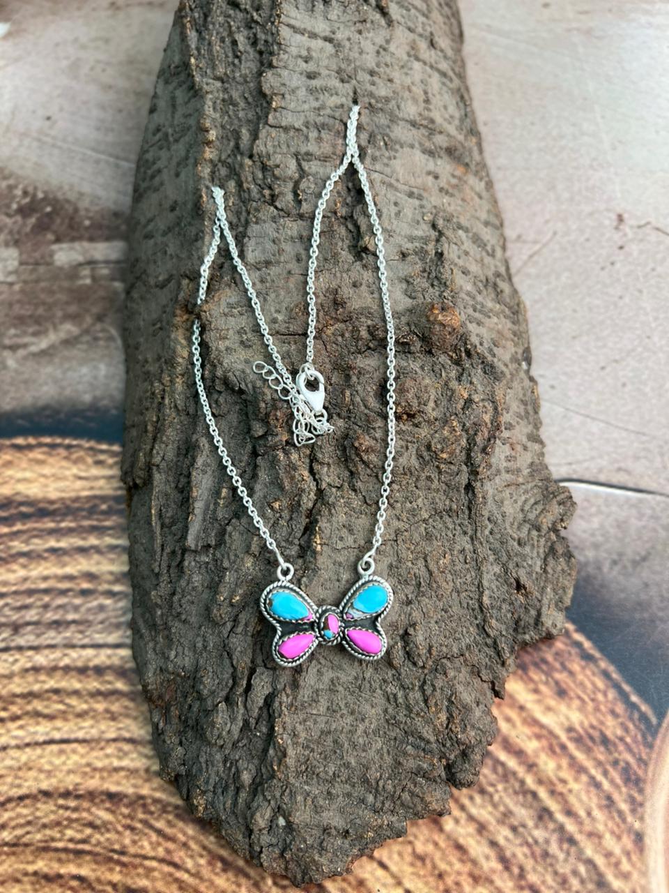 Handmade Sterling Silver Cotton Candy Butterfly Necklace "Signed Nizhoni"