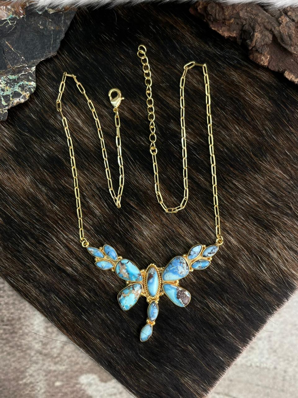 “The Golden Collection” Handmade Natural Golden Hills Turquoise Dragonfly Necklace