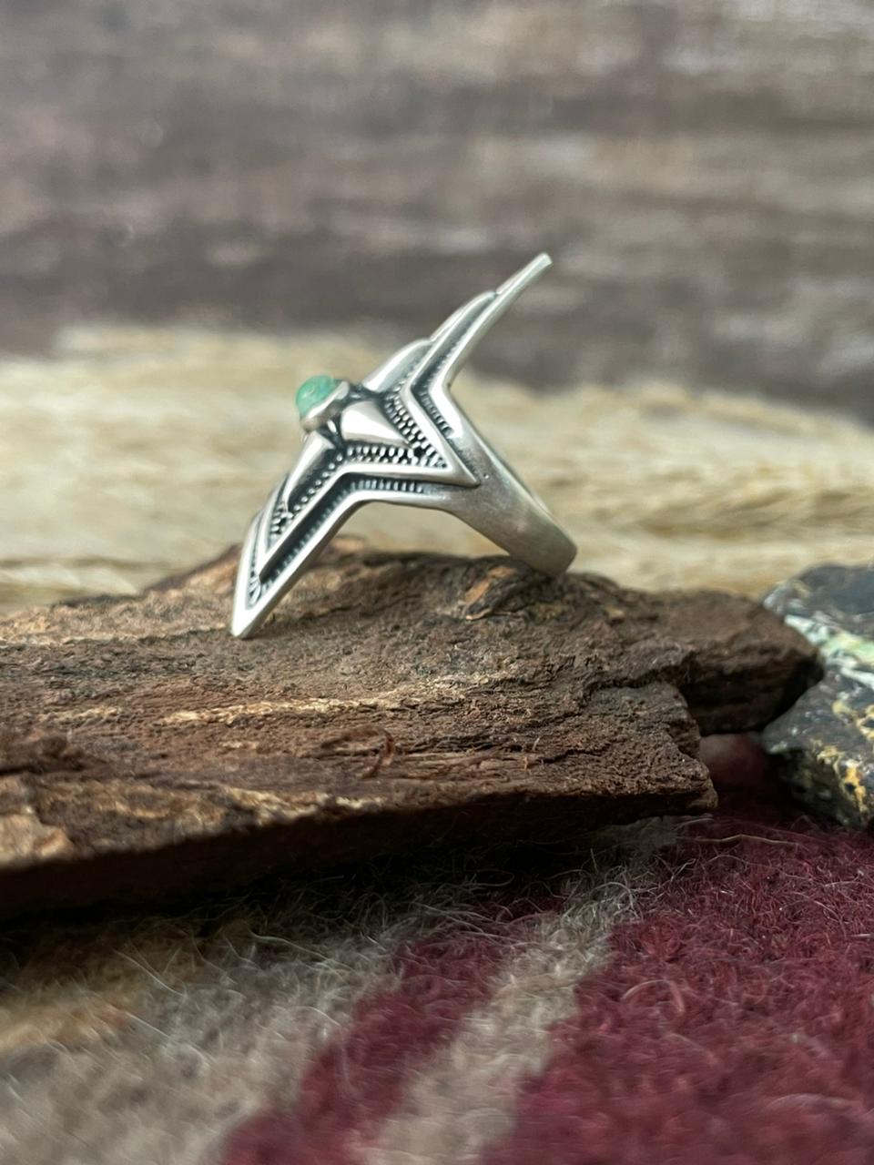Handmade Sterling Silver Arizona Turquoise Star Shape Adjustable Ring "Signed Nizhoni"