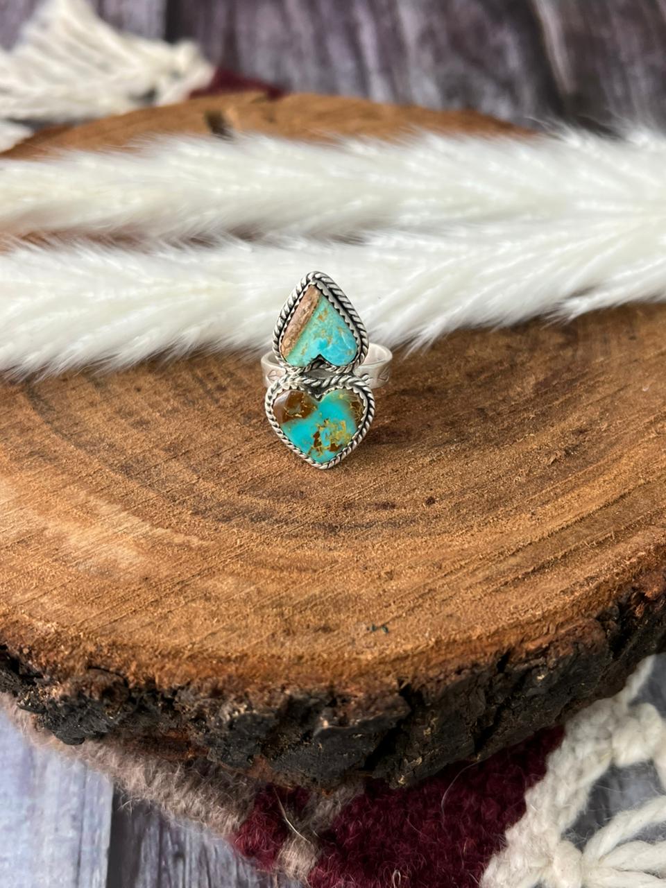 Handmade Sterling Silver Royston Ribbon Turquoise Adjustable Ring "Signed Nizhoni"