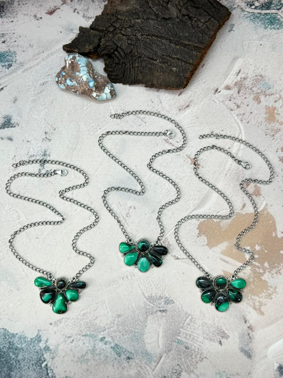 Handmade Sterling Silver Emerald Rose Necklace "Signed Nizhoni"