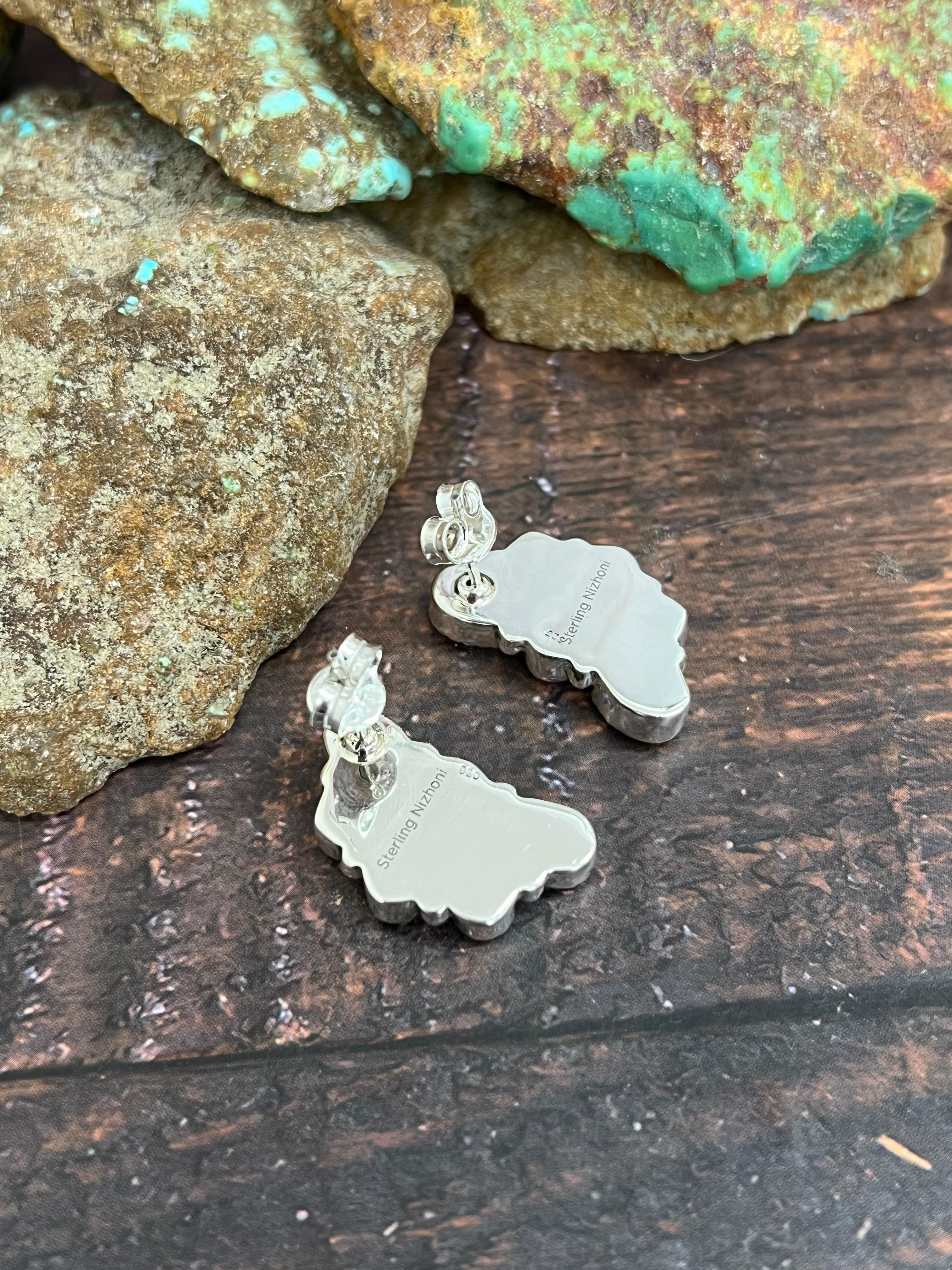 ** 4TH OF JULY ** Handmade Sterling Silver Synthetic Opal Post Earrings with Signed Nizhoni