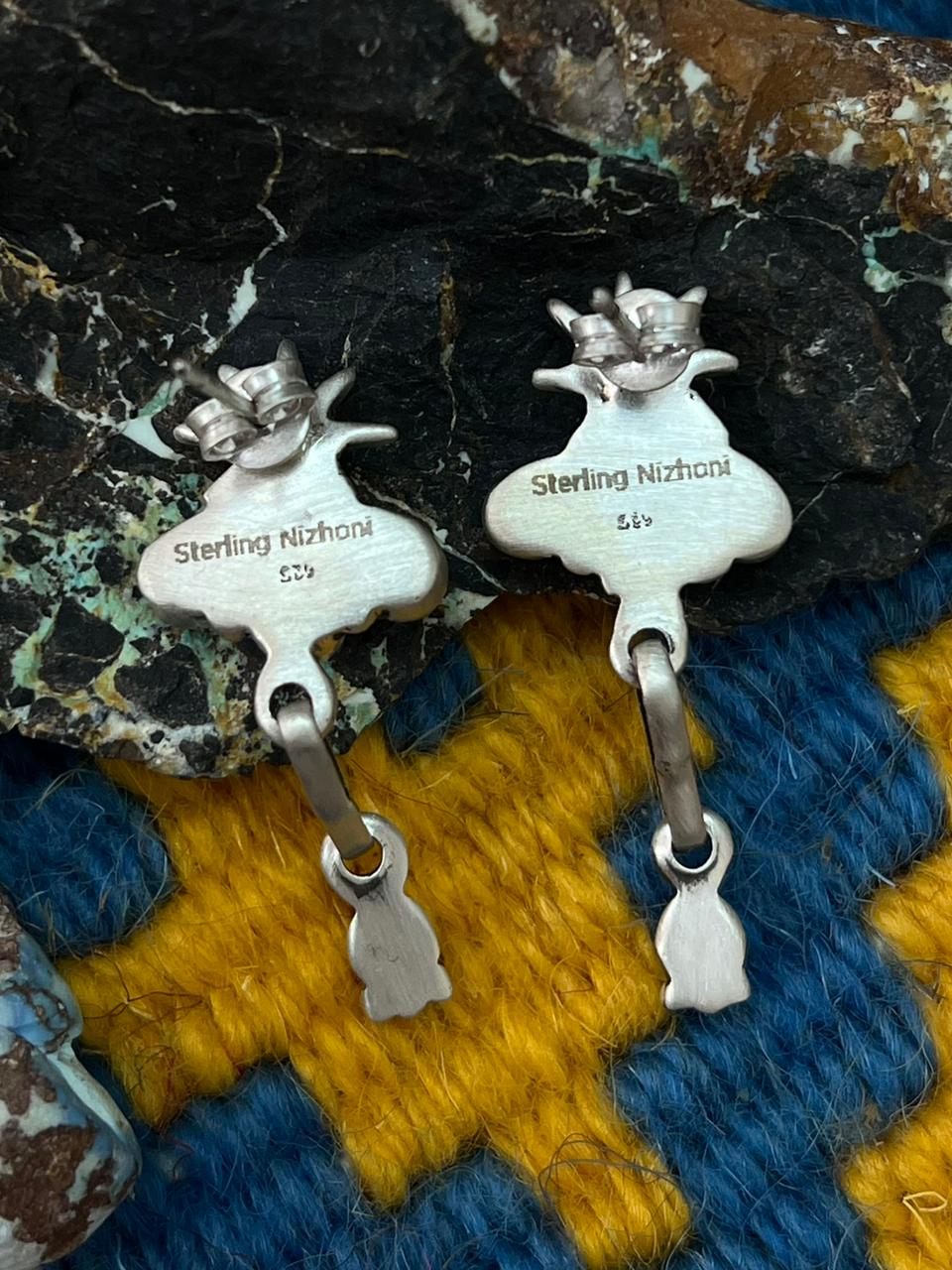 Handmade Sterling Silver Kingman Turquoise Post Dangle Earrings "Signed Nizhoni"