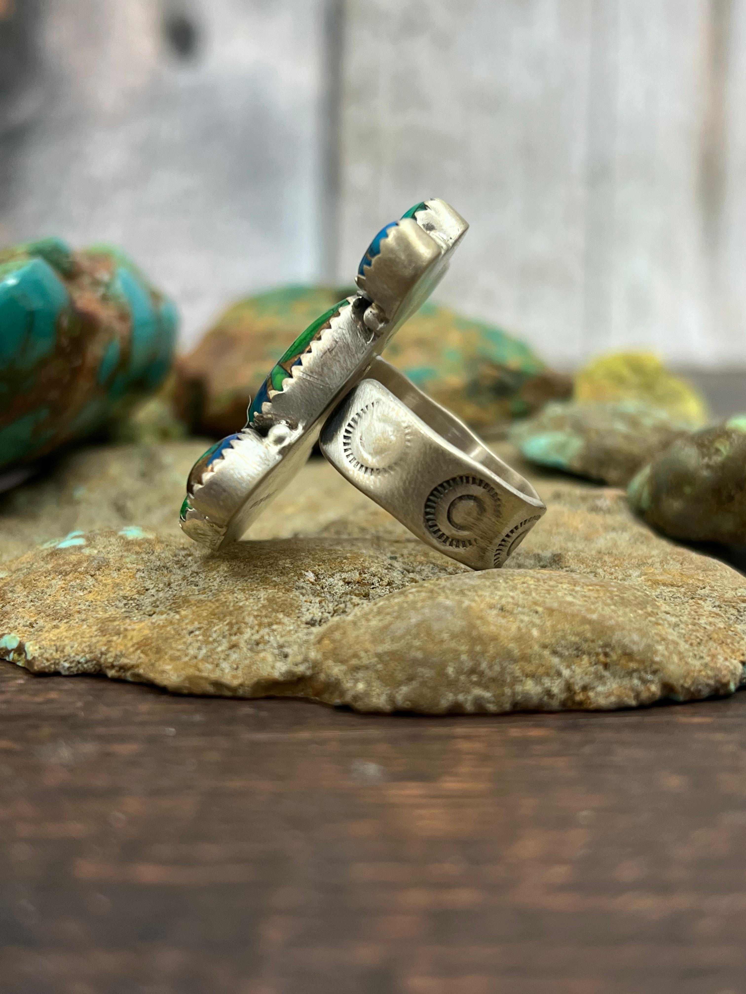 Handmade Sterling Silver Peacock Dahlia Adjustable Ring with Signed Nizhoni