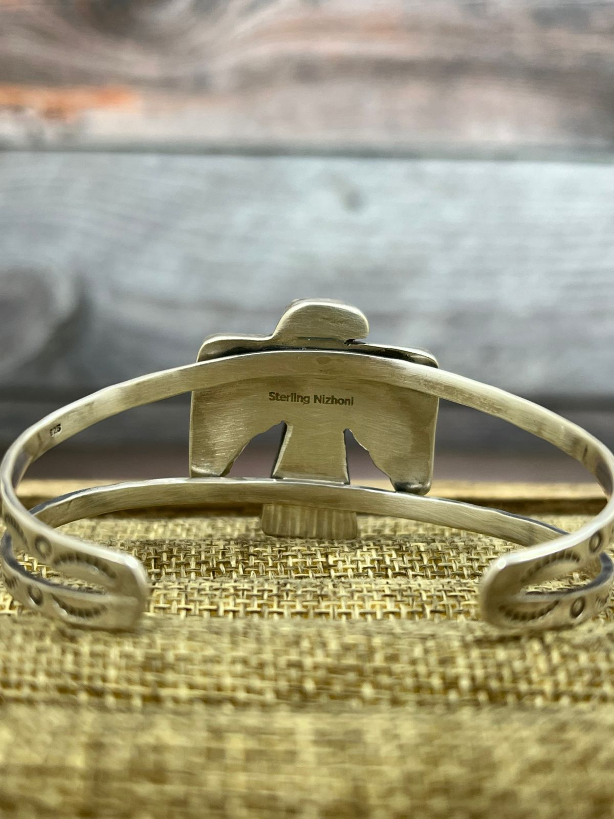 Handmade Sterling Silver Cotton Candy Turquoise Thunder Bird Cuff Bracelet with Signed Nizhoni