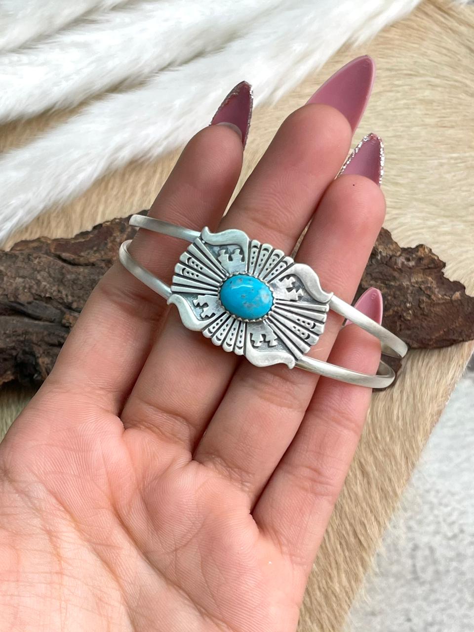 Handmade Sterling Silver Blue Turquoise Bracelet "Signed Nizhoni"