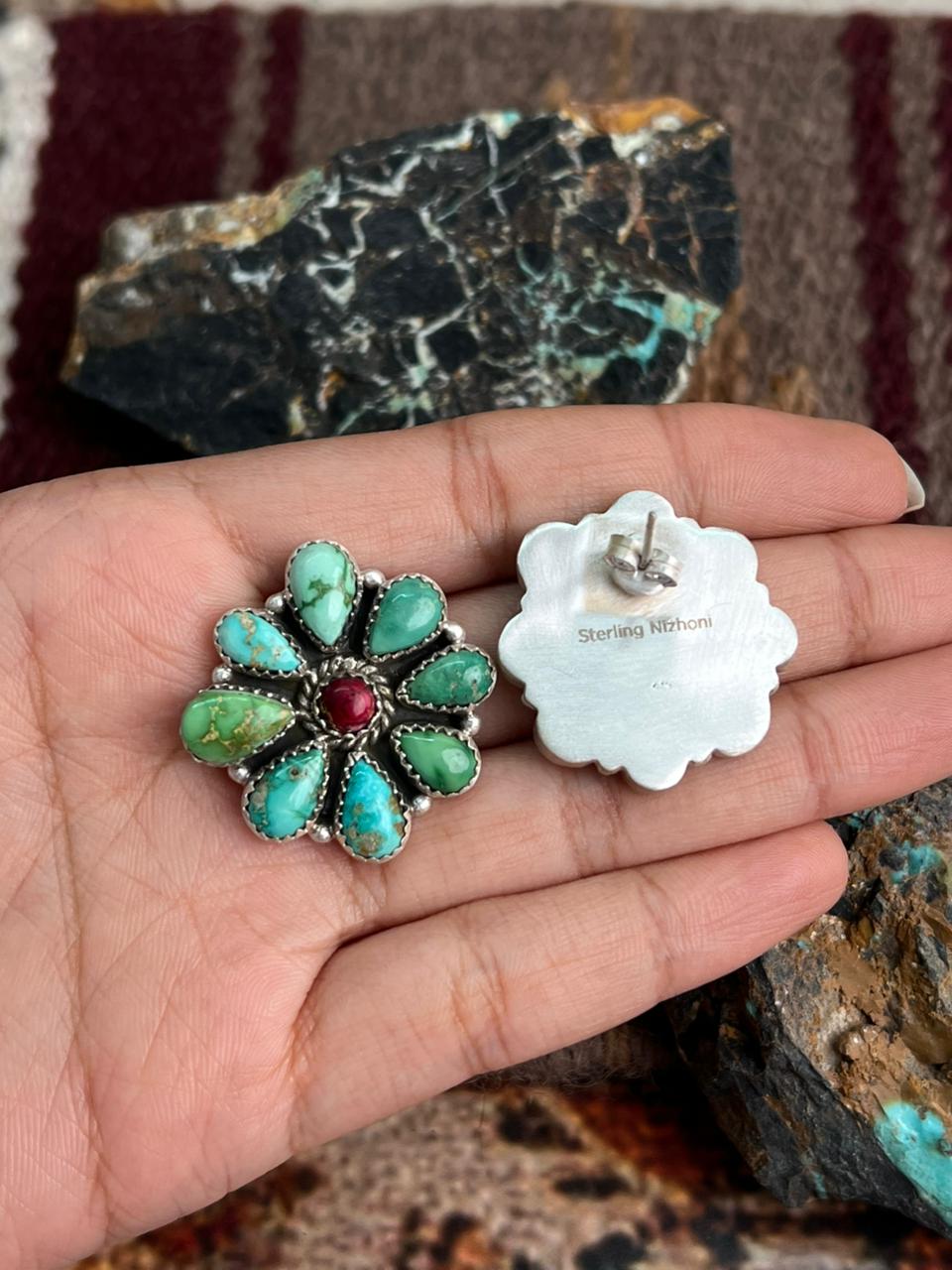 Handmade Sterling Silver Dahlia Rose with Emerald Valley Turquoise Post Earrings "Signed Nizhoni"