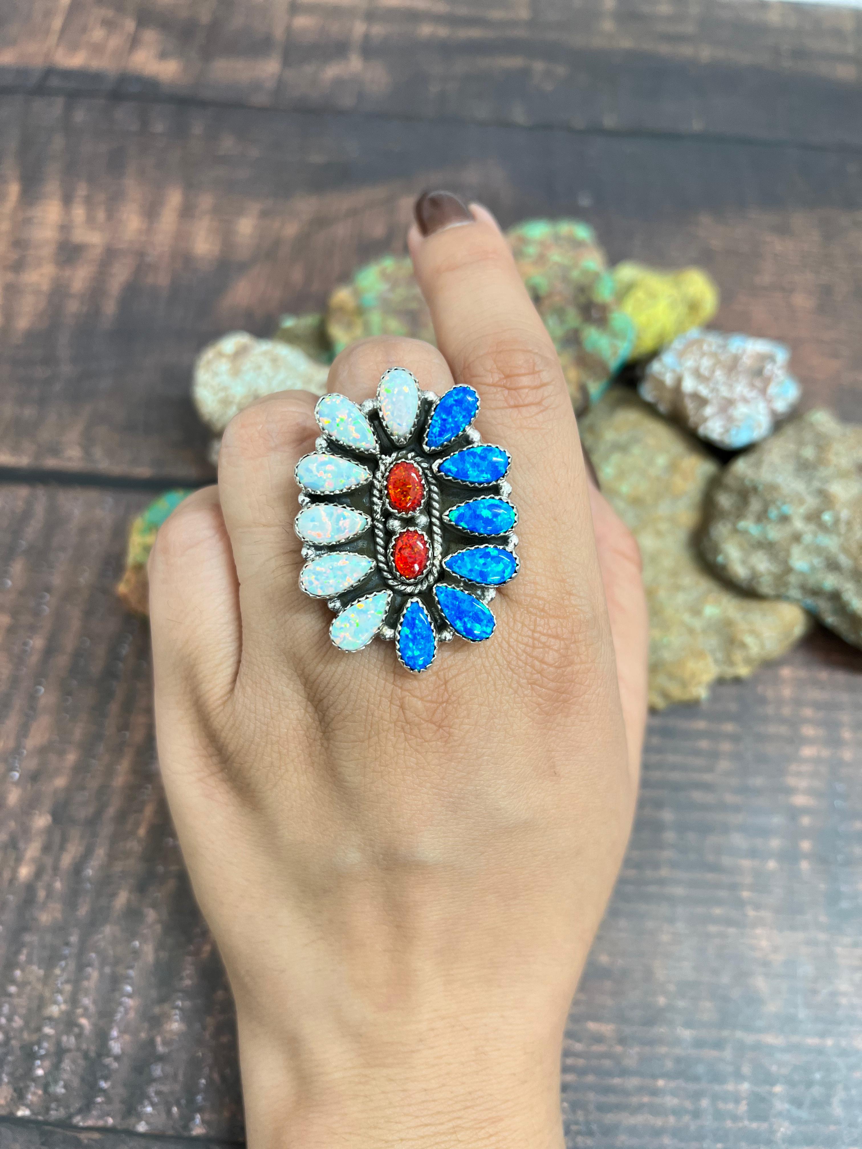 ** 4TH OF JULY ** Handmade Sterling Silver Synthetic Opal Adjustable Ring with Signed Nizhoni