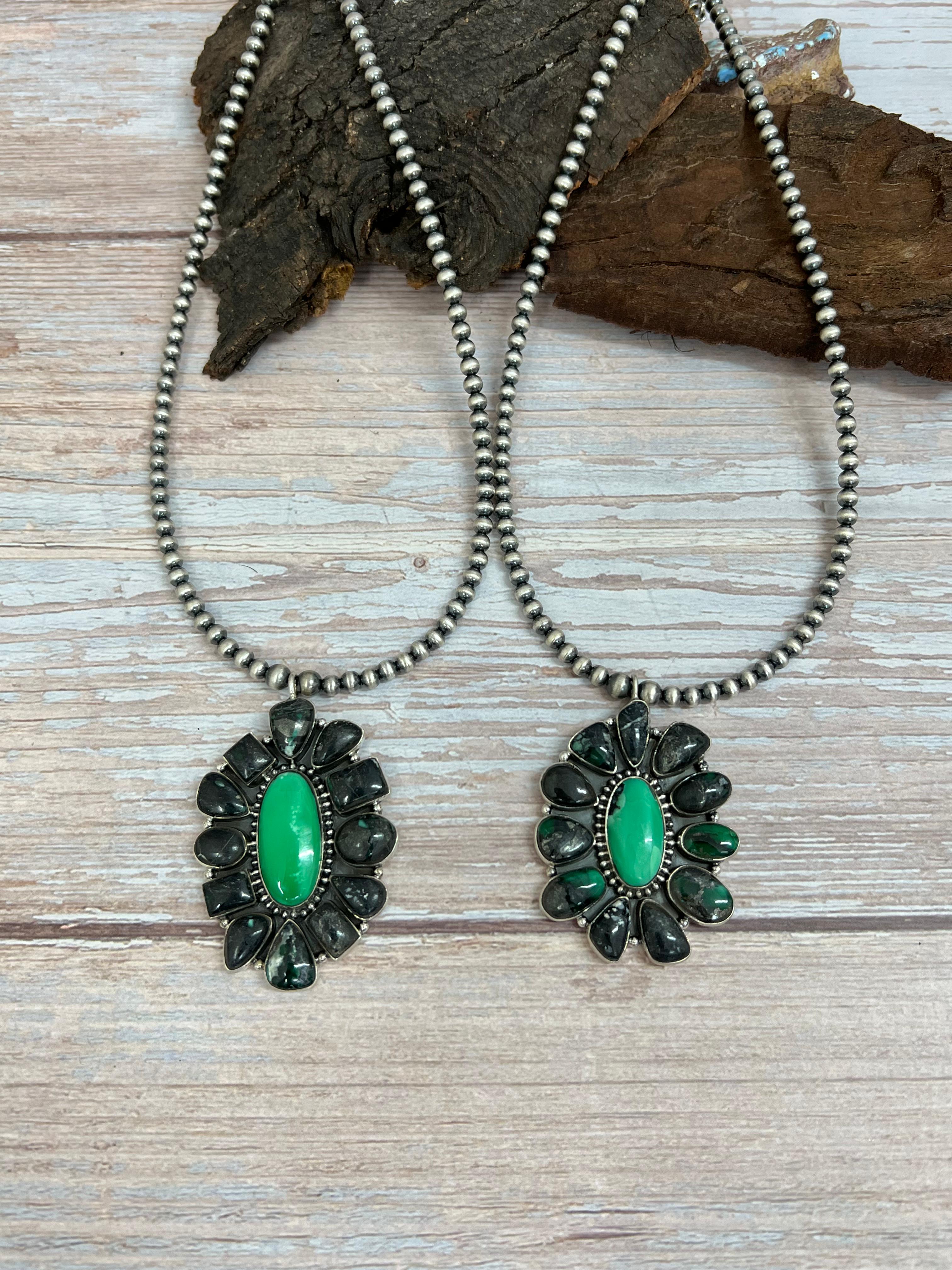 Handmade Sterling Silver Emerald Rose Beaded Necklace with Signed Nizhoni