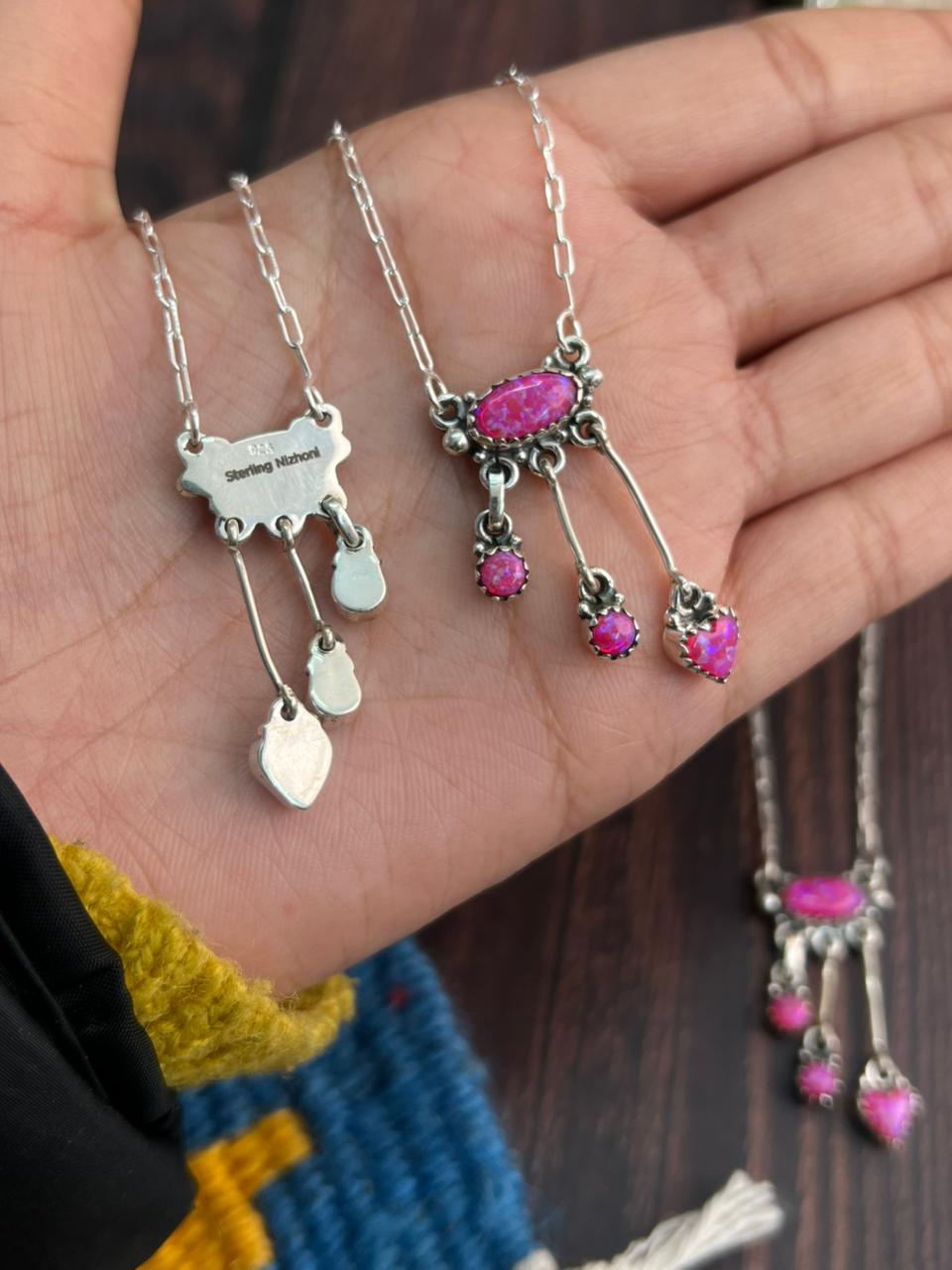 "Heart Collection" Handmade Sterling Silver Hot Pink Necklace "Signed Nizhoni"