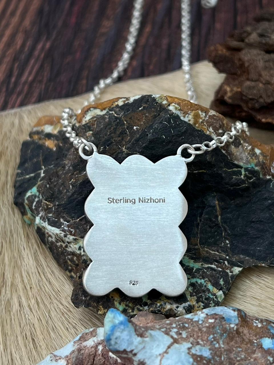 Handmade Sterling Silver White Buffalo Bar Necklace "Signed Nizhoni"