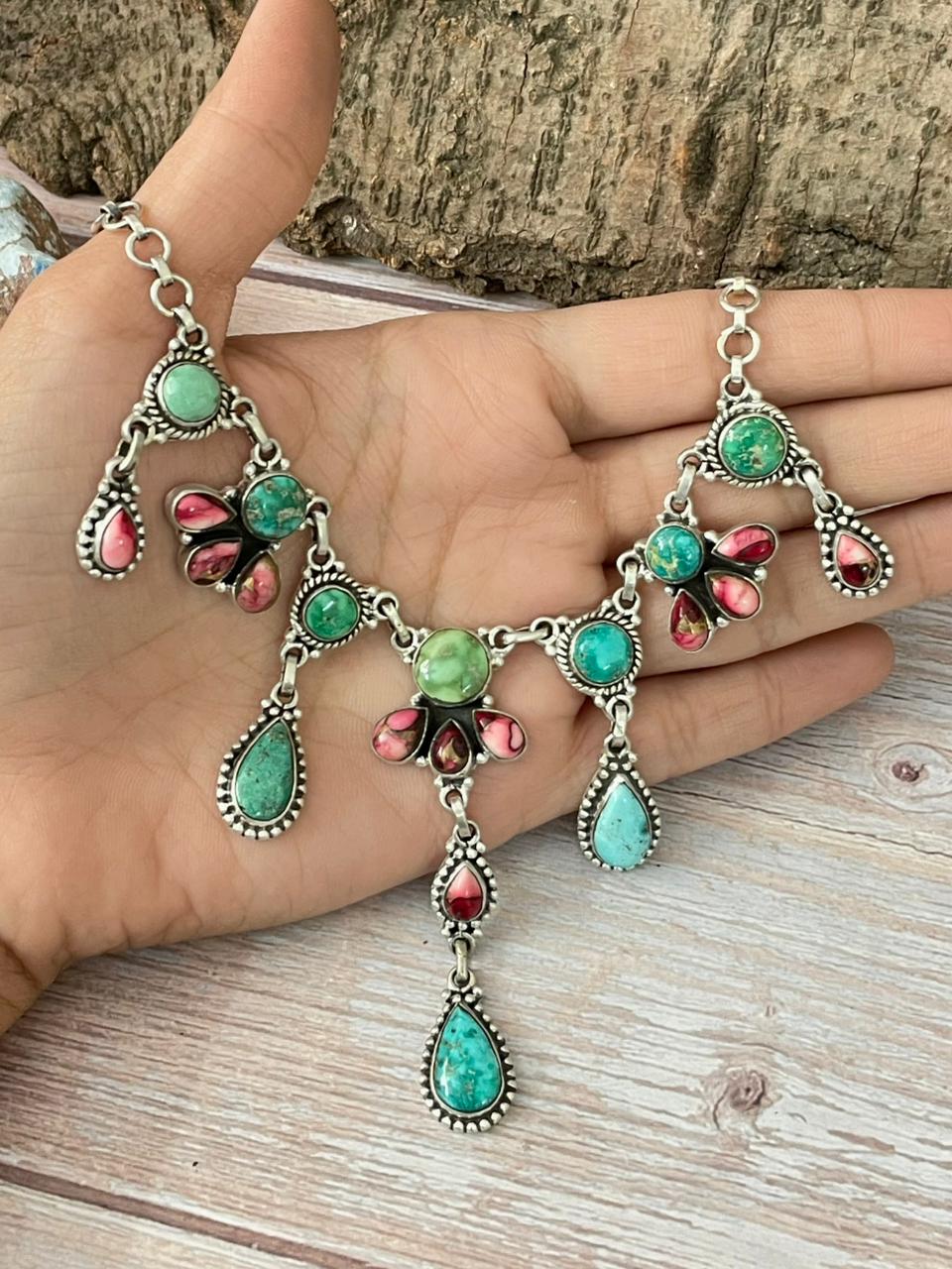 Handmade Sterling Silver Dahlia Rose with Emerald Valley Turquoise Necklace "Signed Nizhoni"