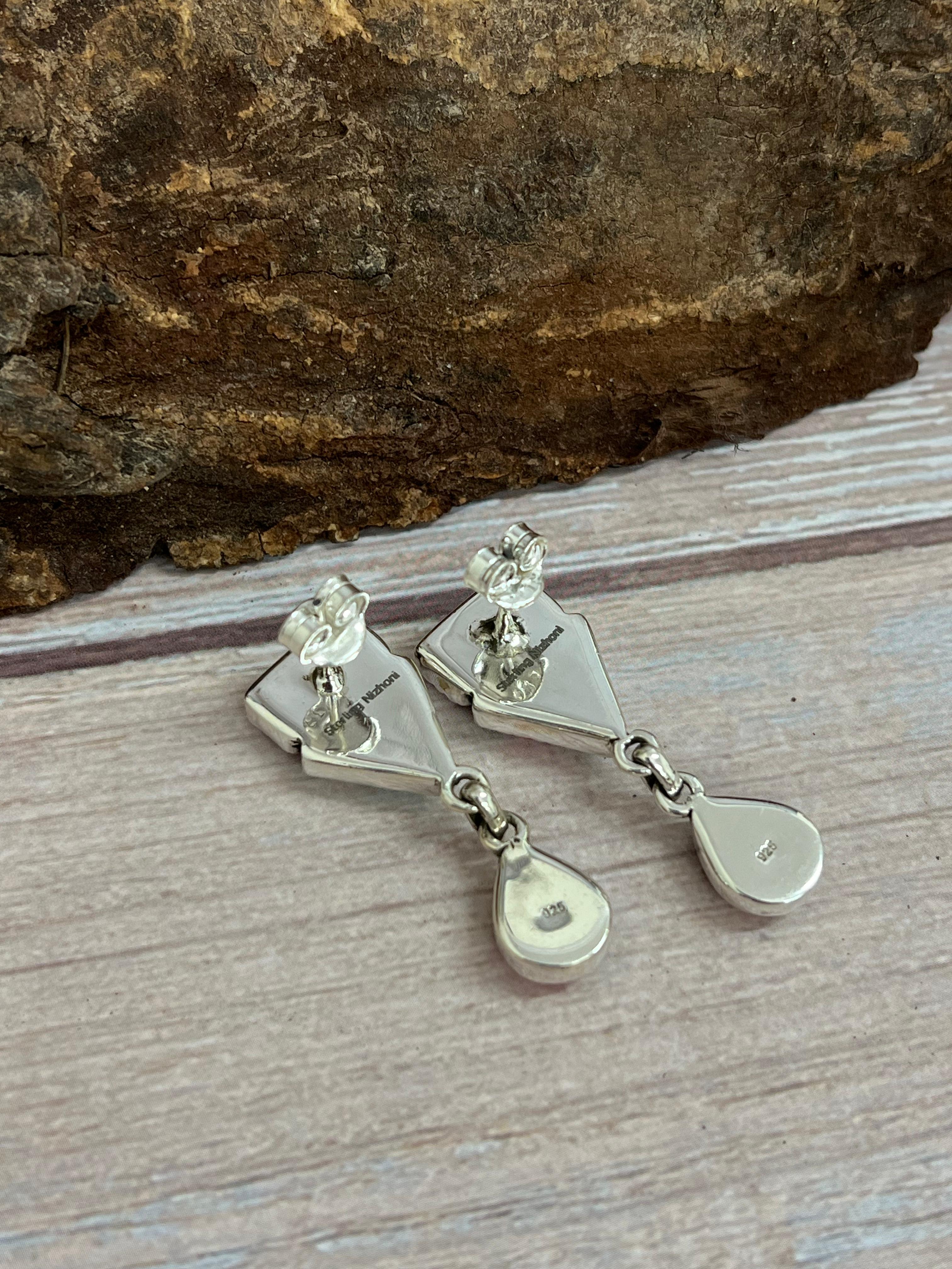 Handmade Sterling Silver Cotton Candy Turquoise Dangle Earrings with Signed Nizhoni