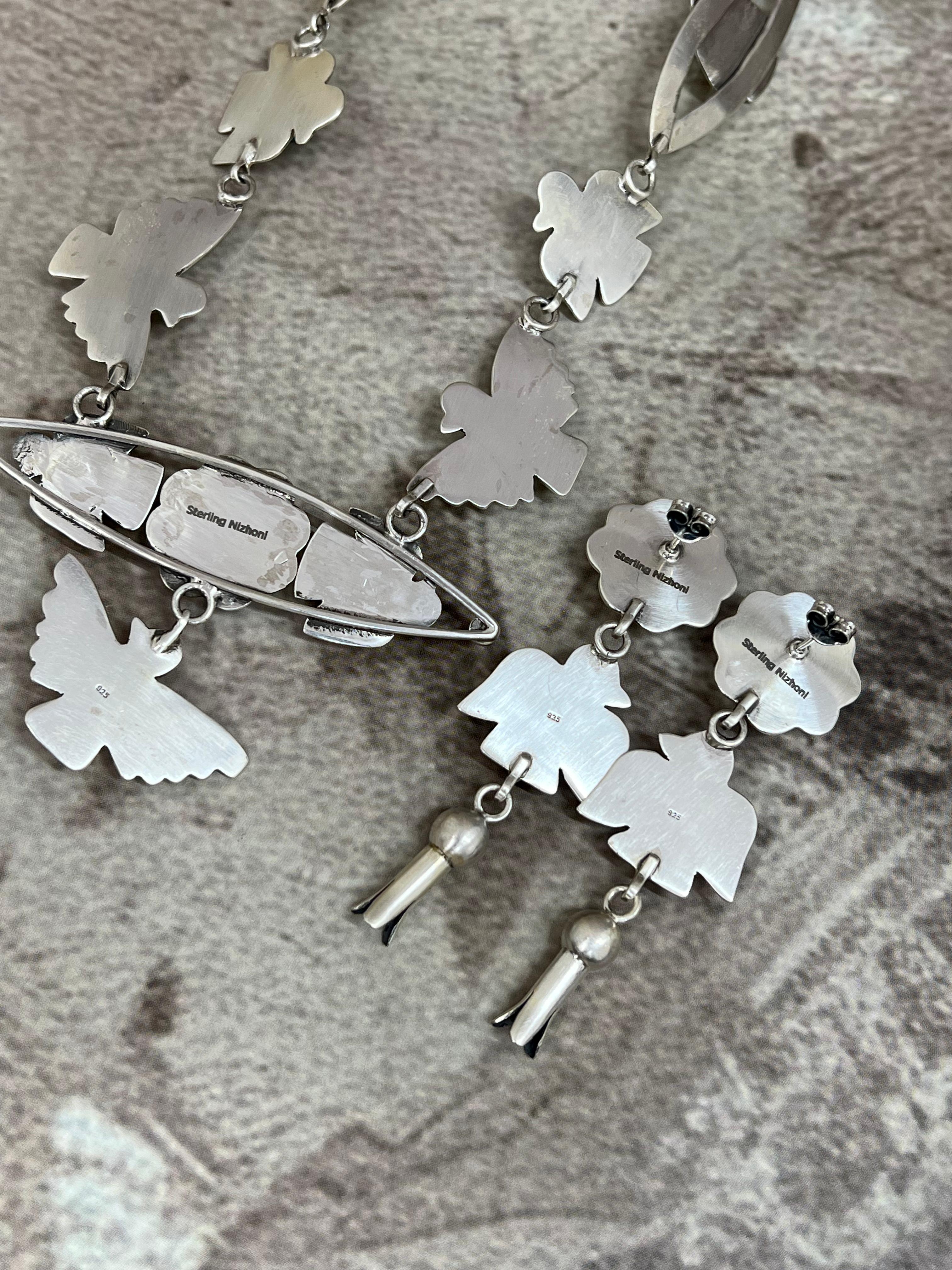 Handmade Sterling Silver Kingman Turquoise Necklace Earrings Set with Signed Nizhoni (1)