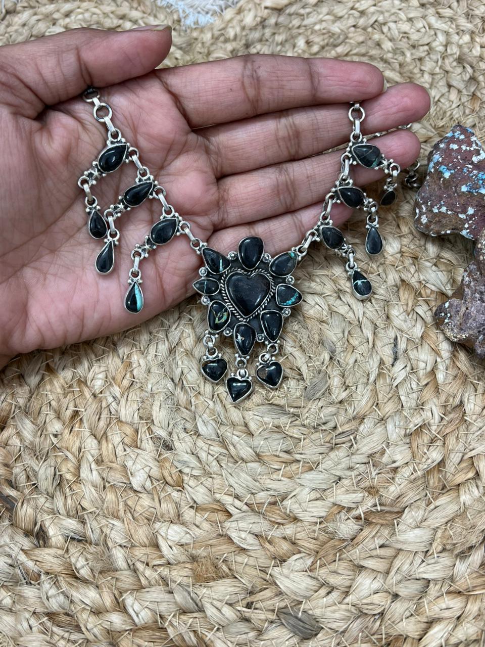 Handmade Sterling Silver Blackjack Turquoise Choker Necklace "Signed Nizhoni"
