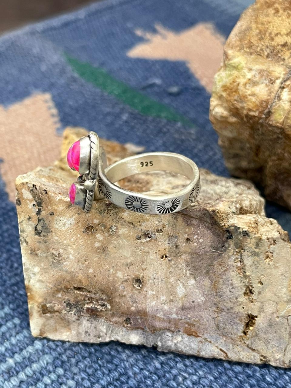 Handmade Sterling Silver Hot Pink Adjustable Ring " Signed Nizhoni"