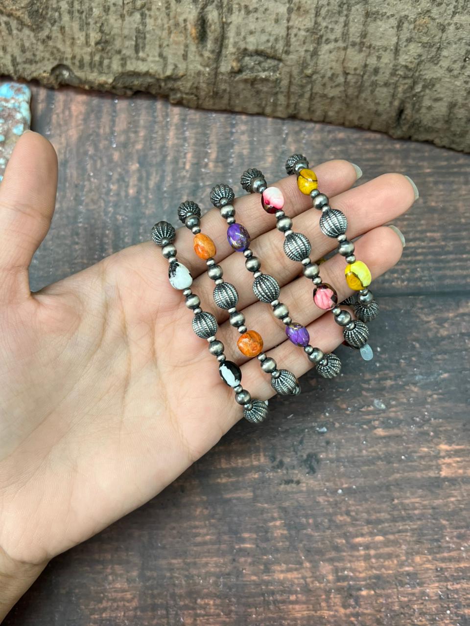 Handmade Sterling Silver Multi Stones Beaded Bracelet