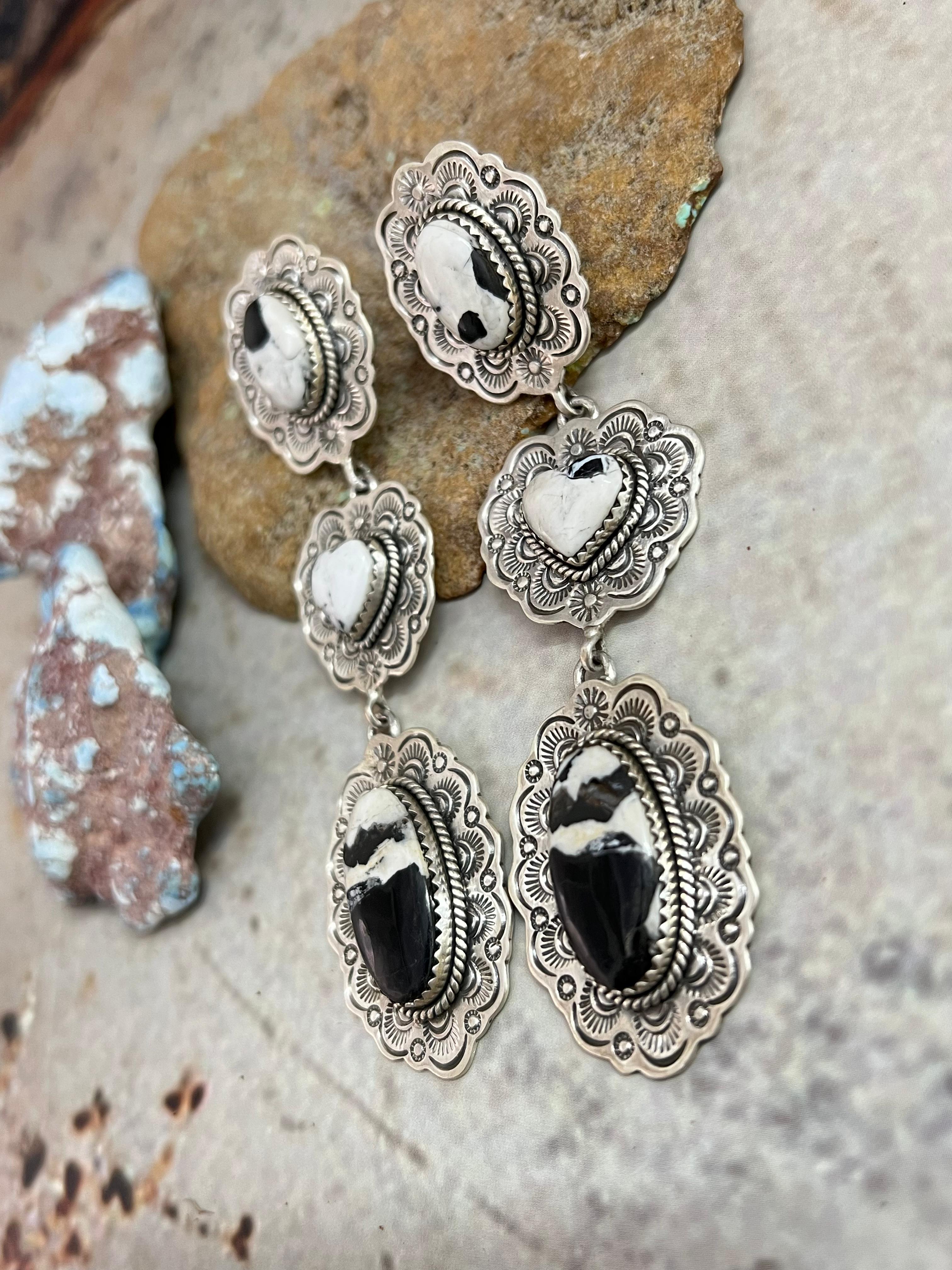 Handmade Sterling Silver White Buffalo Post Dangle Earrings with Signed Nizhoni