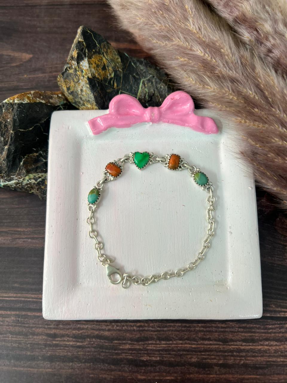 Handmade Sterling Silver Orange Mojave with Kingman and Irish Dahlia Chain Bracelet "Signed Nizhoni"