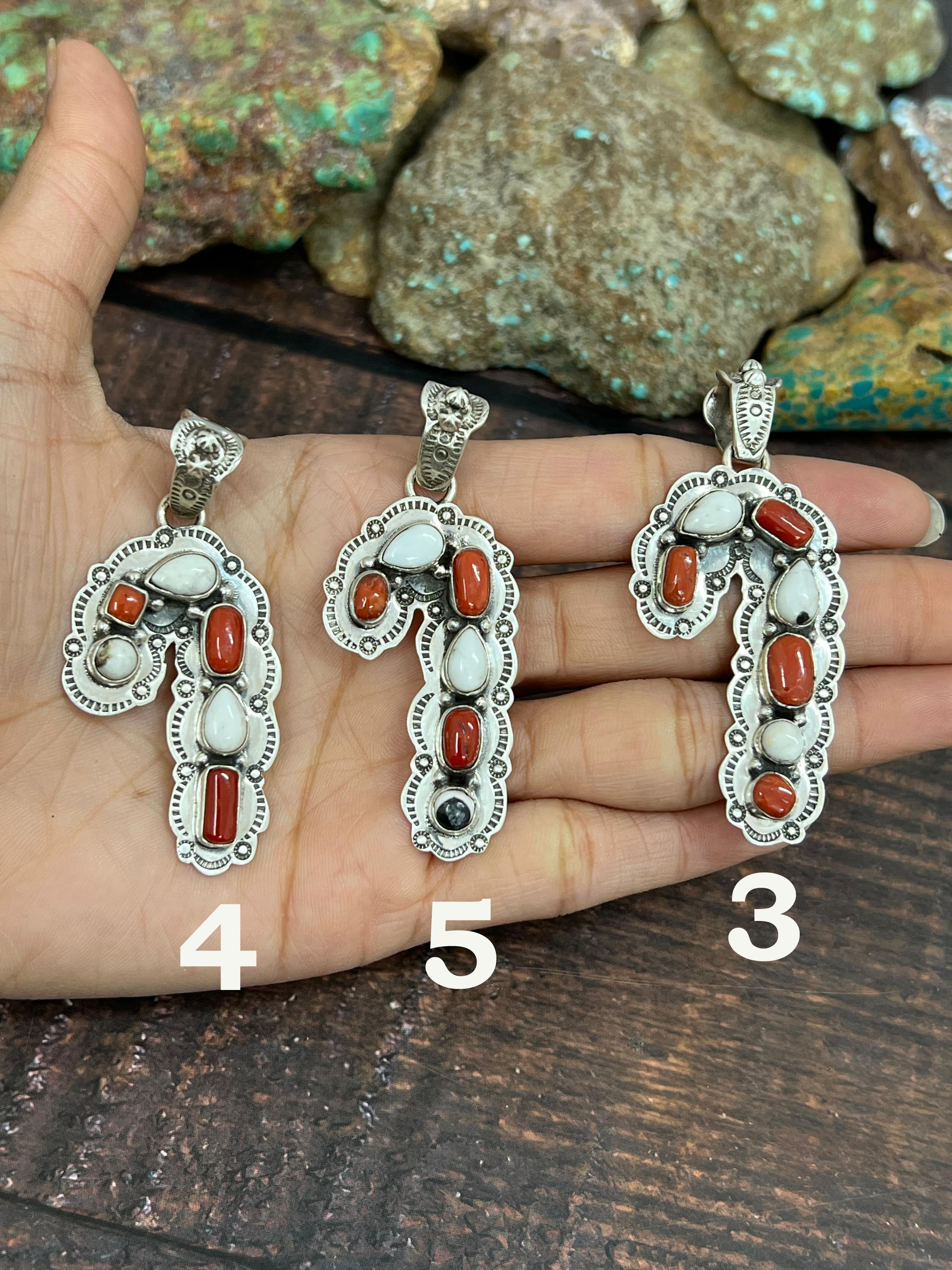 Handmade Sterling Silver Coral with White Buffalo Turquoise Pendant, Signed Nizhoni