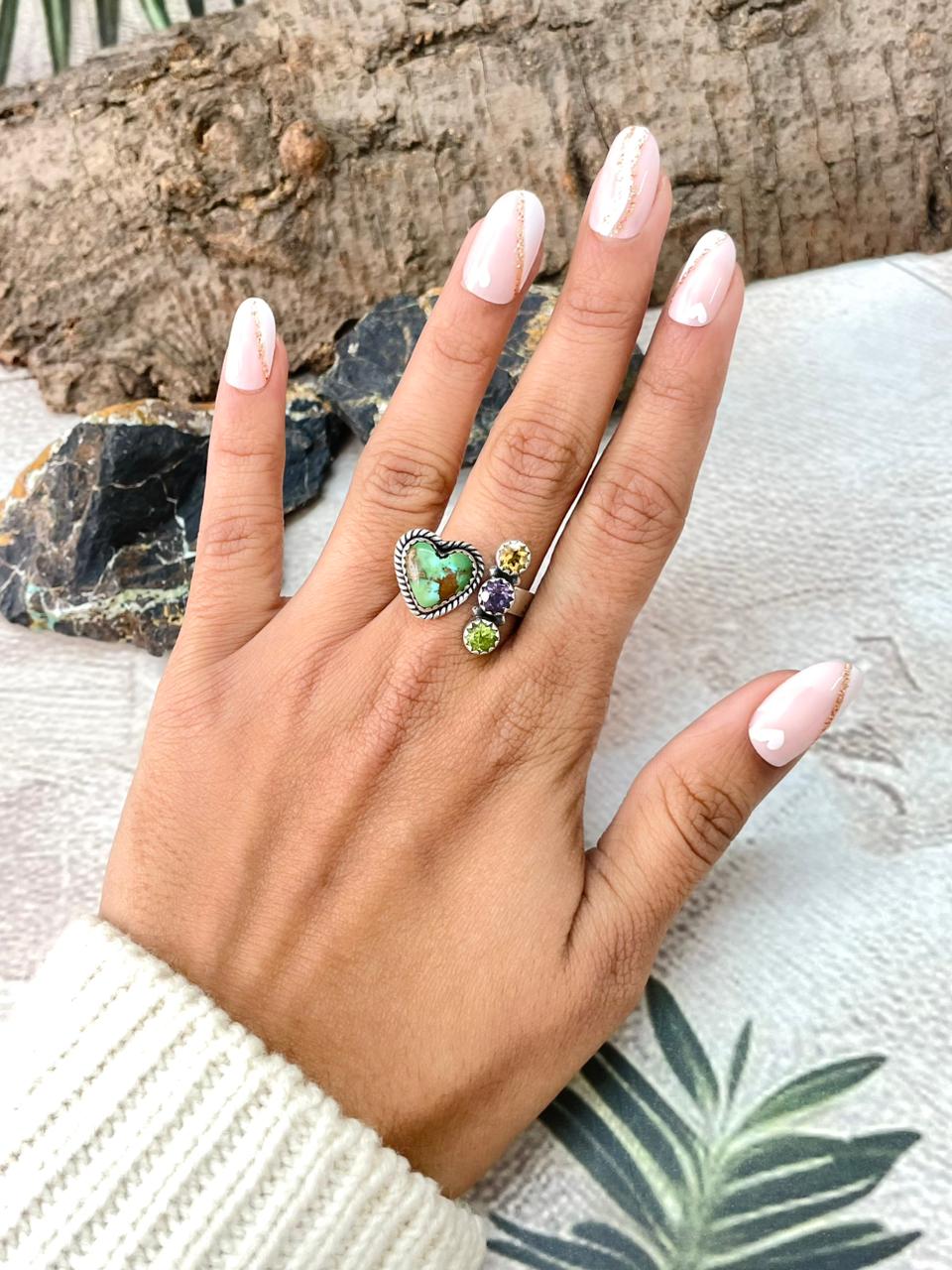 Handmade Sterling Silver Sonoran with Cut Stones Adjustable Ring "Signed Nizhoni"