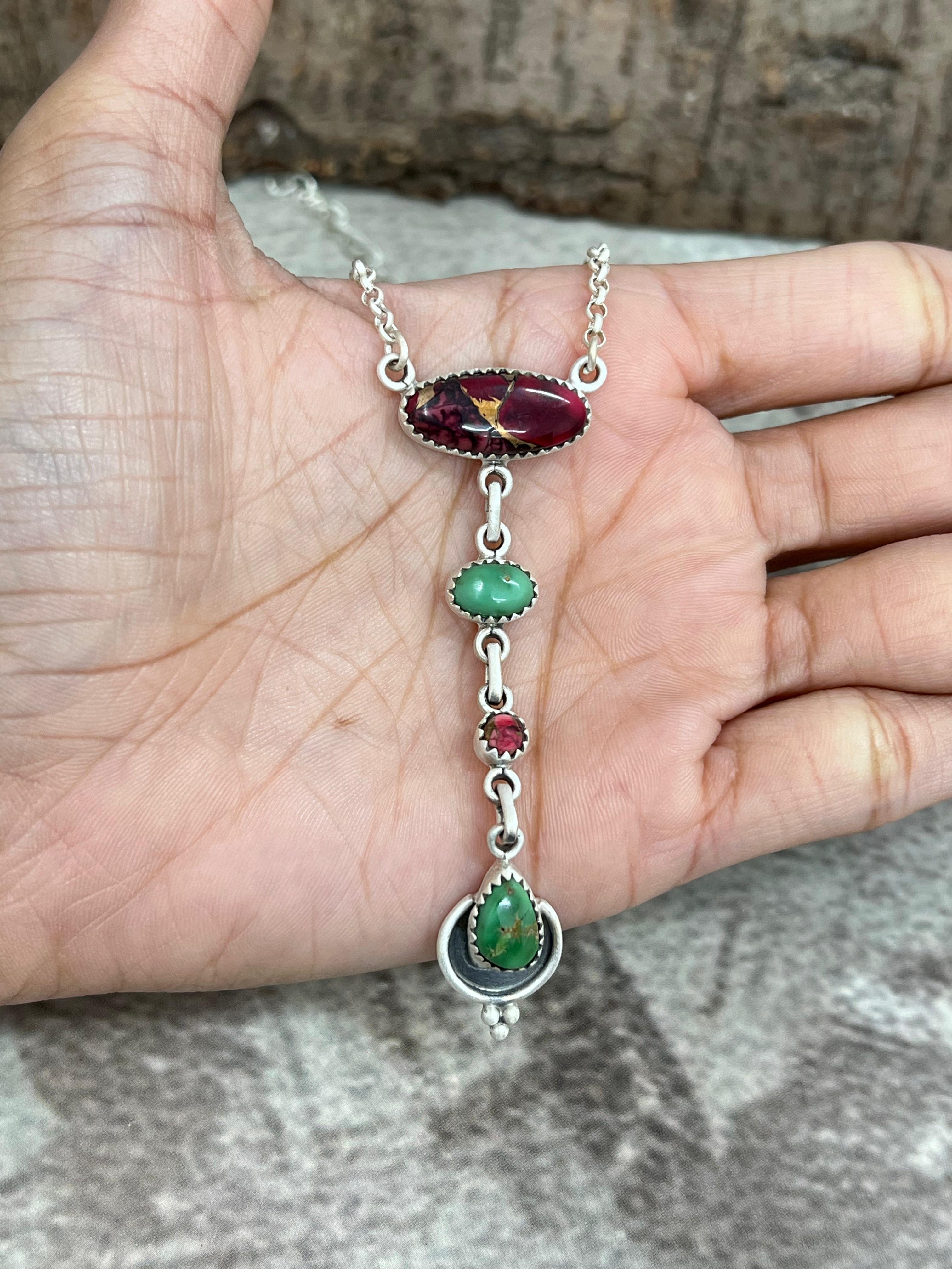 Handmade Sterling Silver Emerald Valley with Dahlia Rose Necklace with Signed Nizhoni