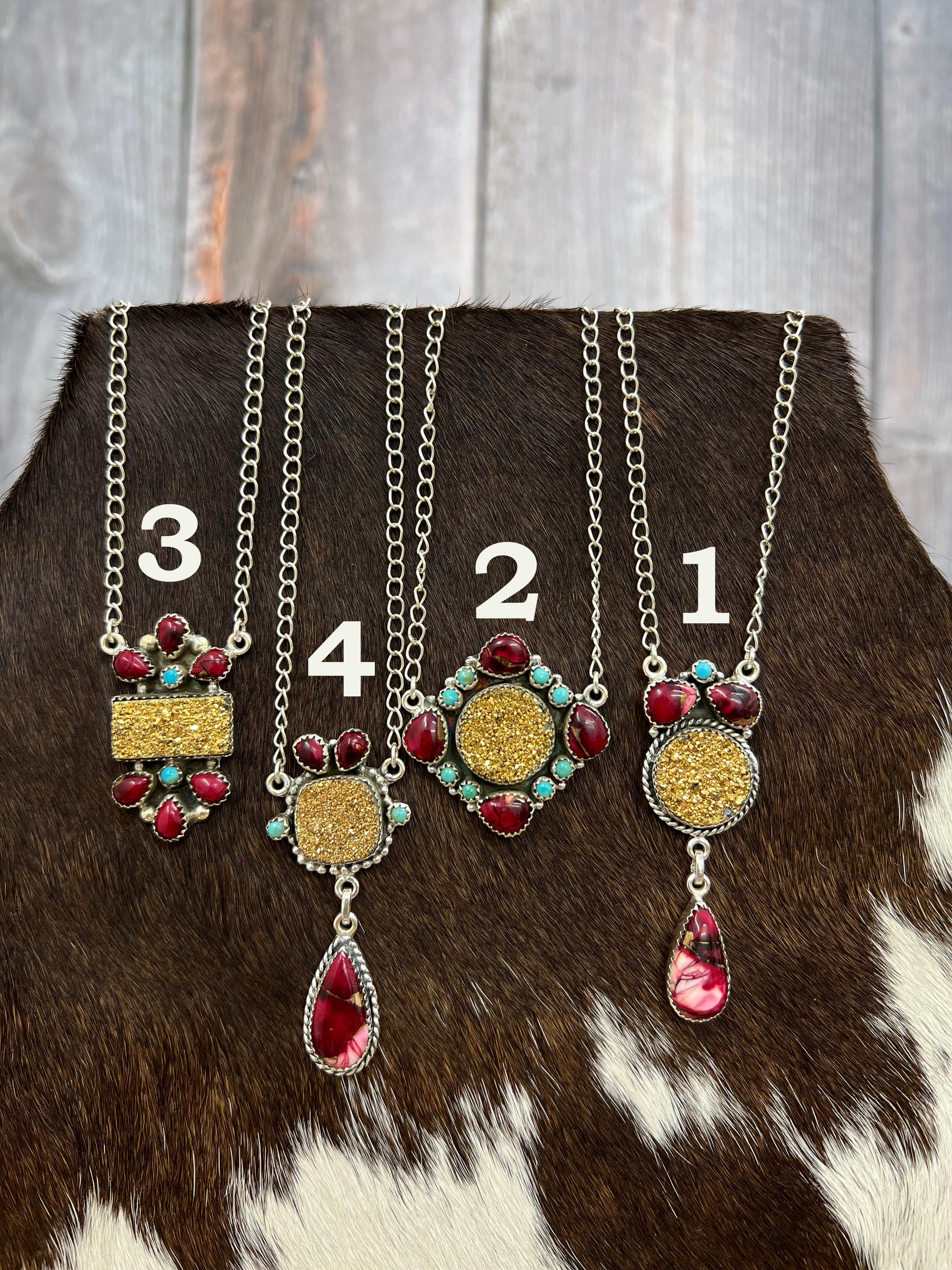 Handmade Sterling Silver Dahlia Rose with Druzy & Kingman Necklace, Signed Nizhoni