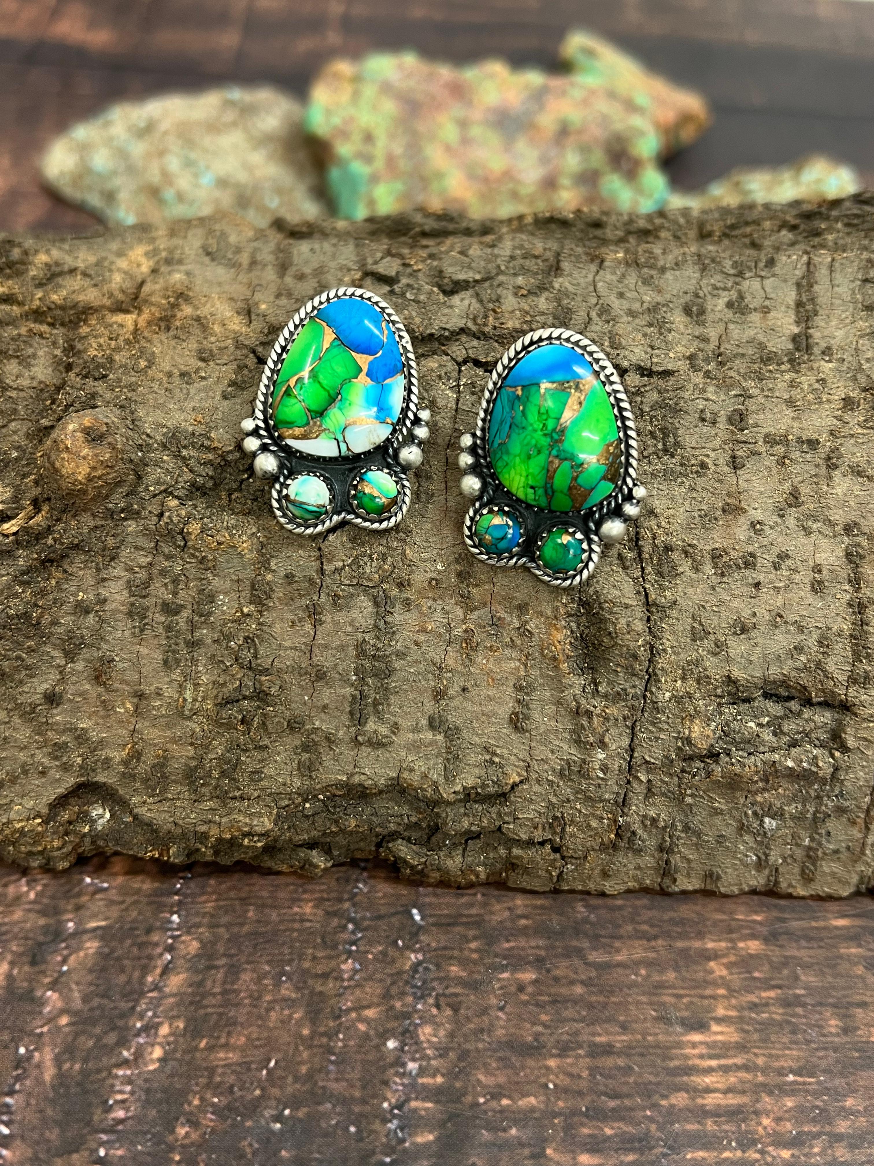 Handmade Sterling Silver Peacock Dahlia Post Earrings with Signed Nizhoni