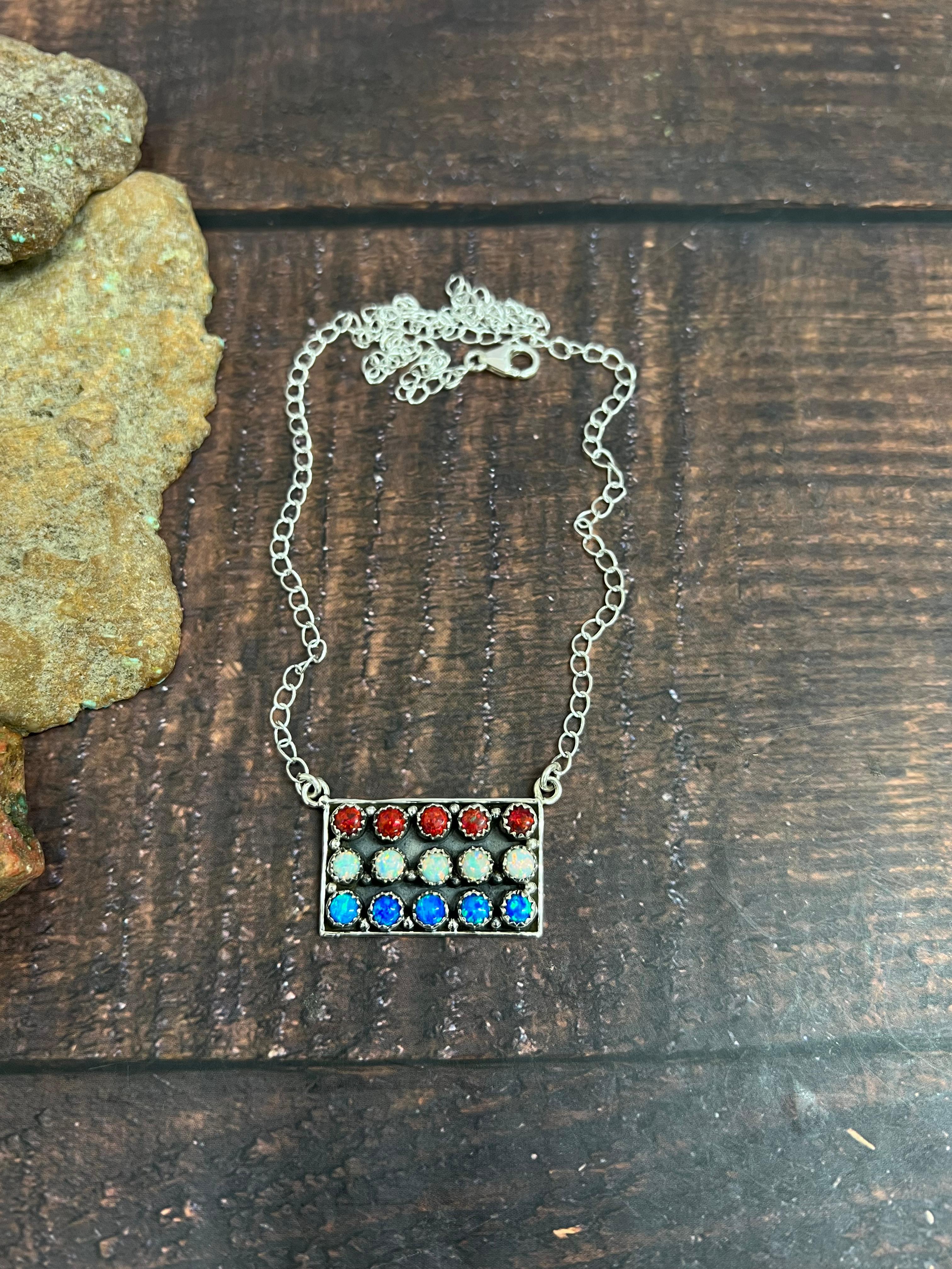 ** 4TH OF JULY ** Handmade Sterling Silver Synthetic Opal Necklace with Signed Nizhoni