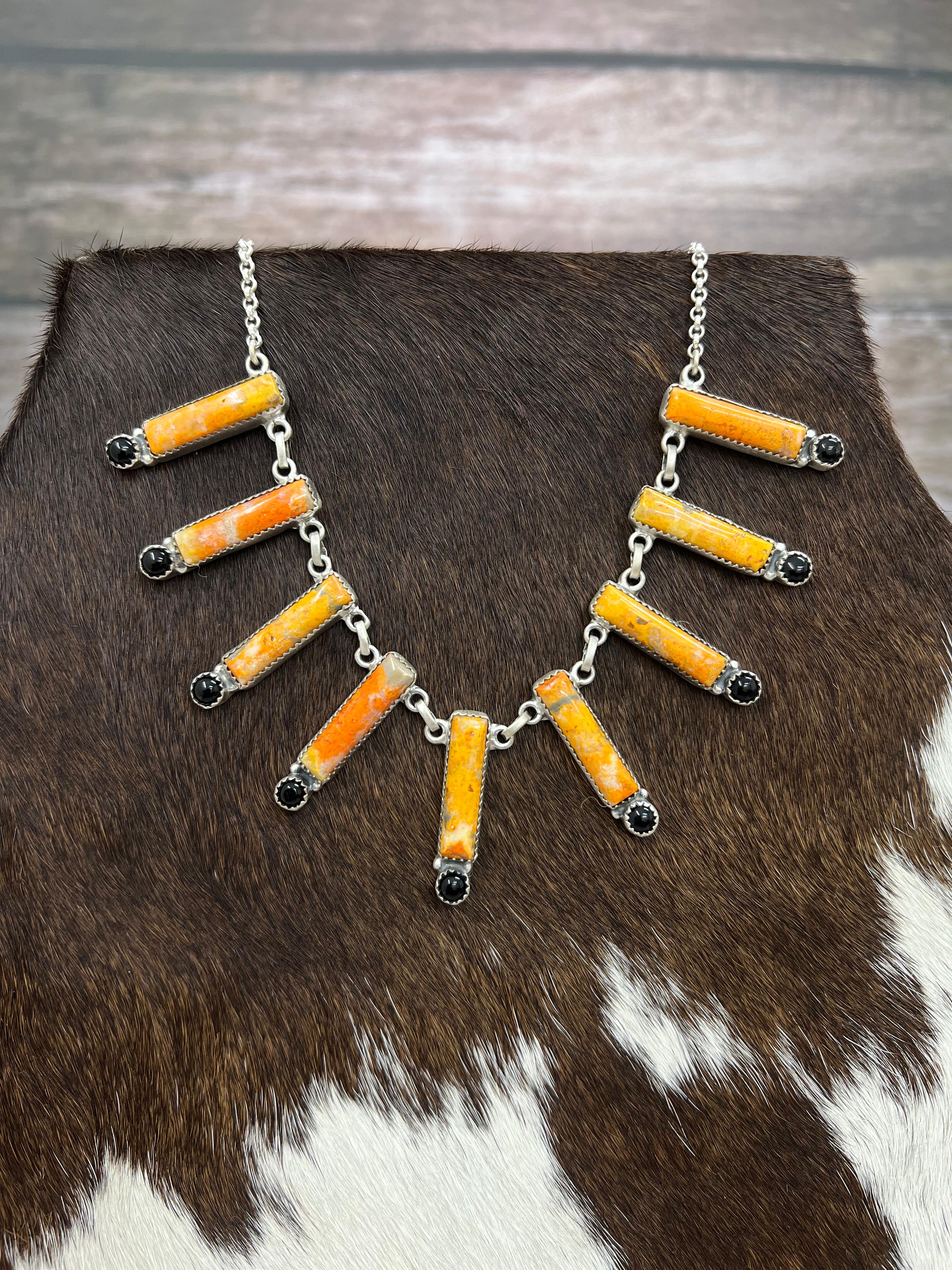 "Halloween Collection" Handmade Sterling Silver Black Onyx, Bumblebee Necklace with Signed Nizhoni