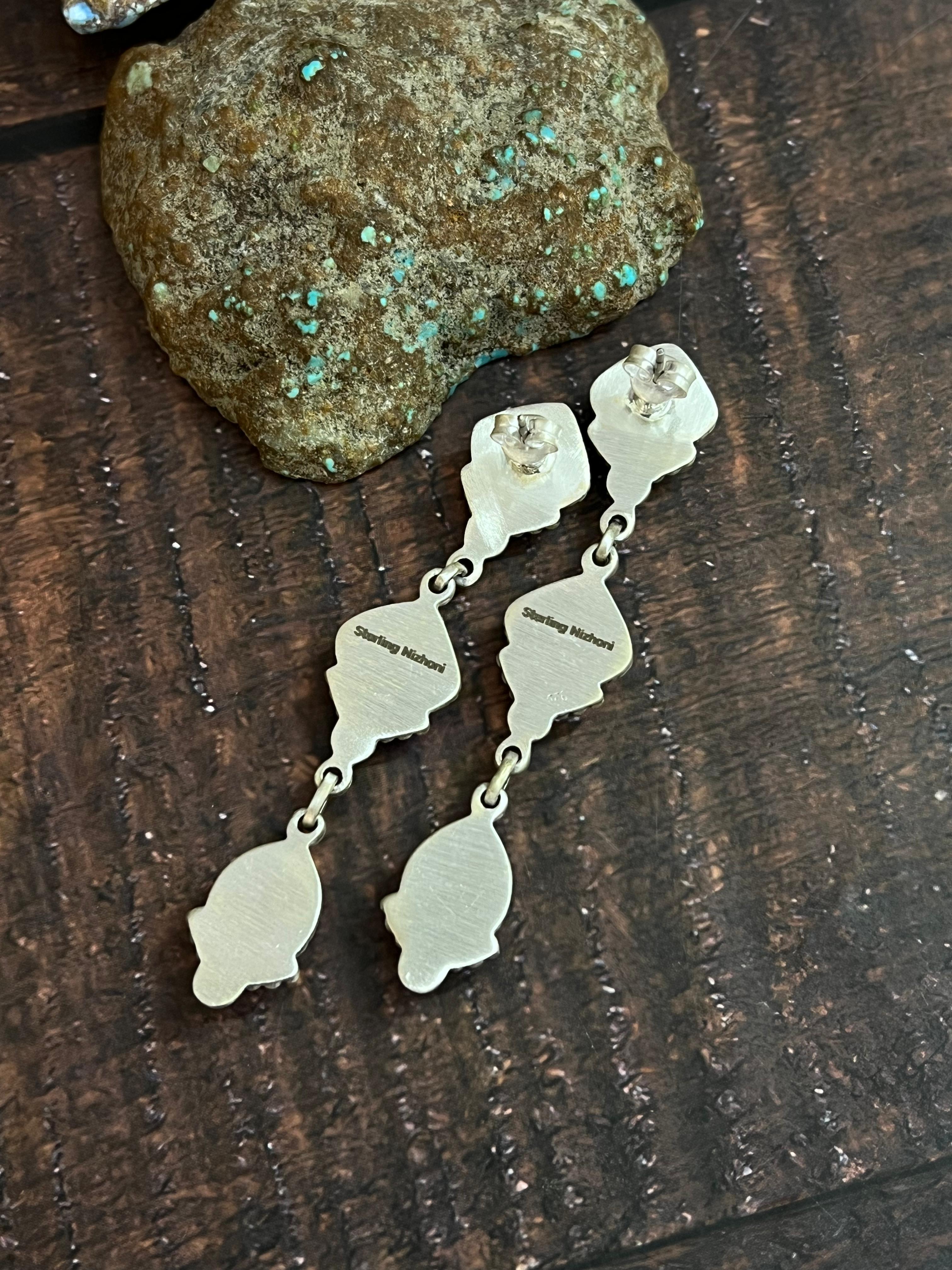 Handmade Sterling Silver White Buffalo Post Dangle Earrings with Signed Nizhoni