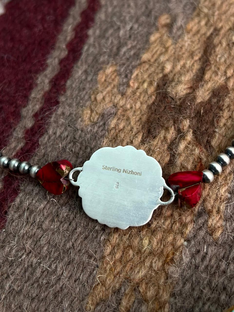 Handmade Sterling Silver Dahlia Rose with Emerald Valley Turquoise Beaded Bracelet "Signed Nizhoni"