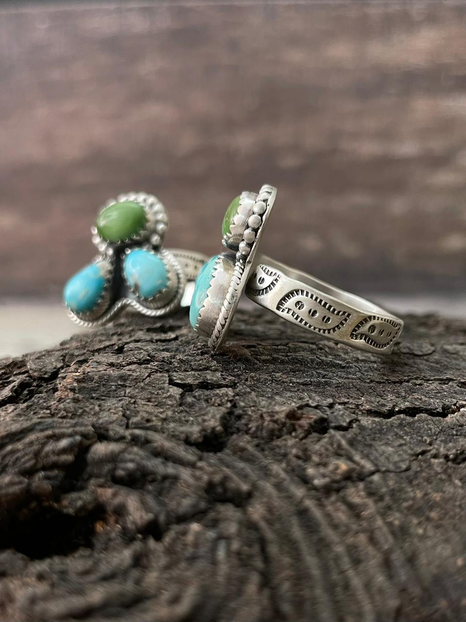 Handmade Sterling Silver Sonoran with White Turquoise Adjustable Ring "Signed Nizhoni"