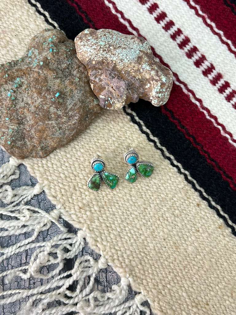 Handmade Sterling Silver Sonoran Mountain Turquoise with White Water Turquoise Post Studs, Signed Nizhoni