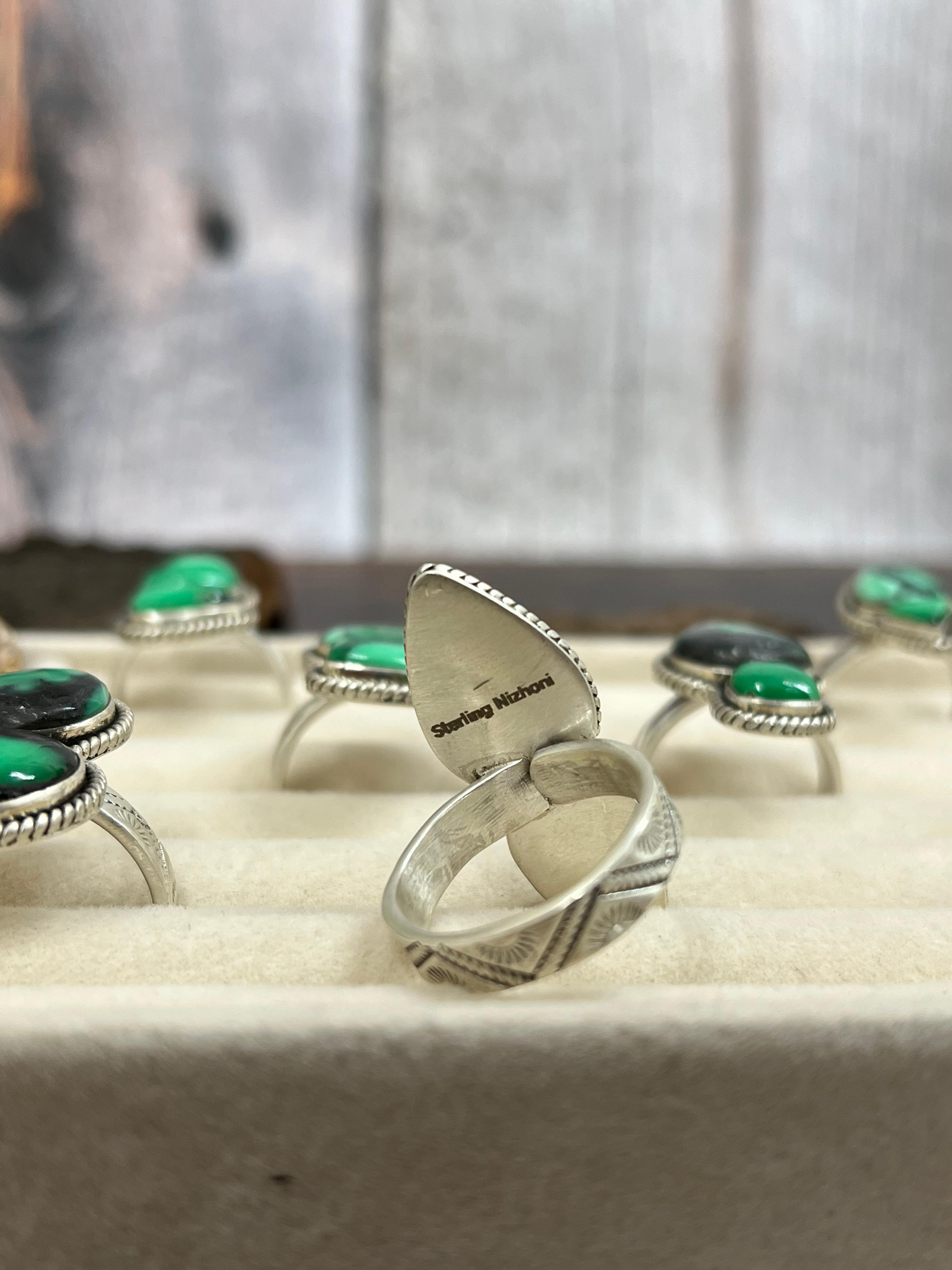 Handmade Sterling Silver Emerald Rose Variscite Adjustable Ring Signed Nizhoni