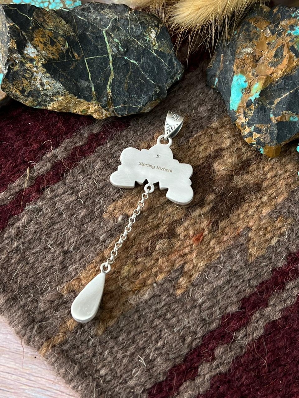 Handmade Sterling Silver Blackjack Turquoise Drop Pendant "Signed Nizhoni"