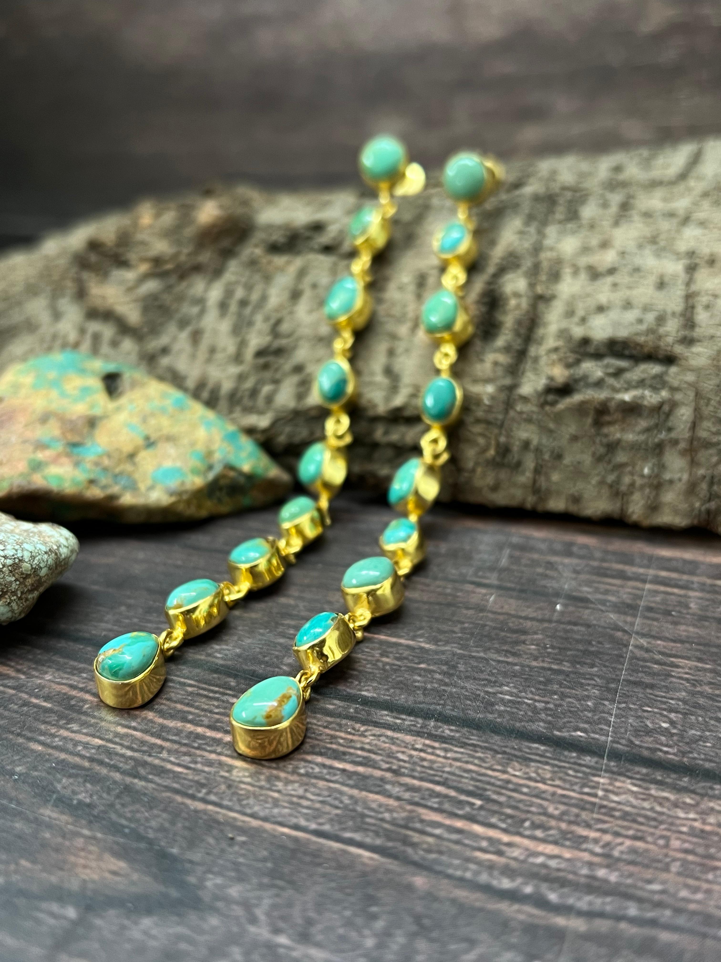 “The Golden Collection” RUNWAY Handmade Natural Kingman Turquoise Post Dangle Earrings (4)